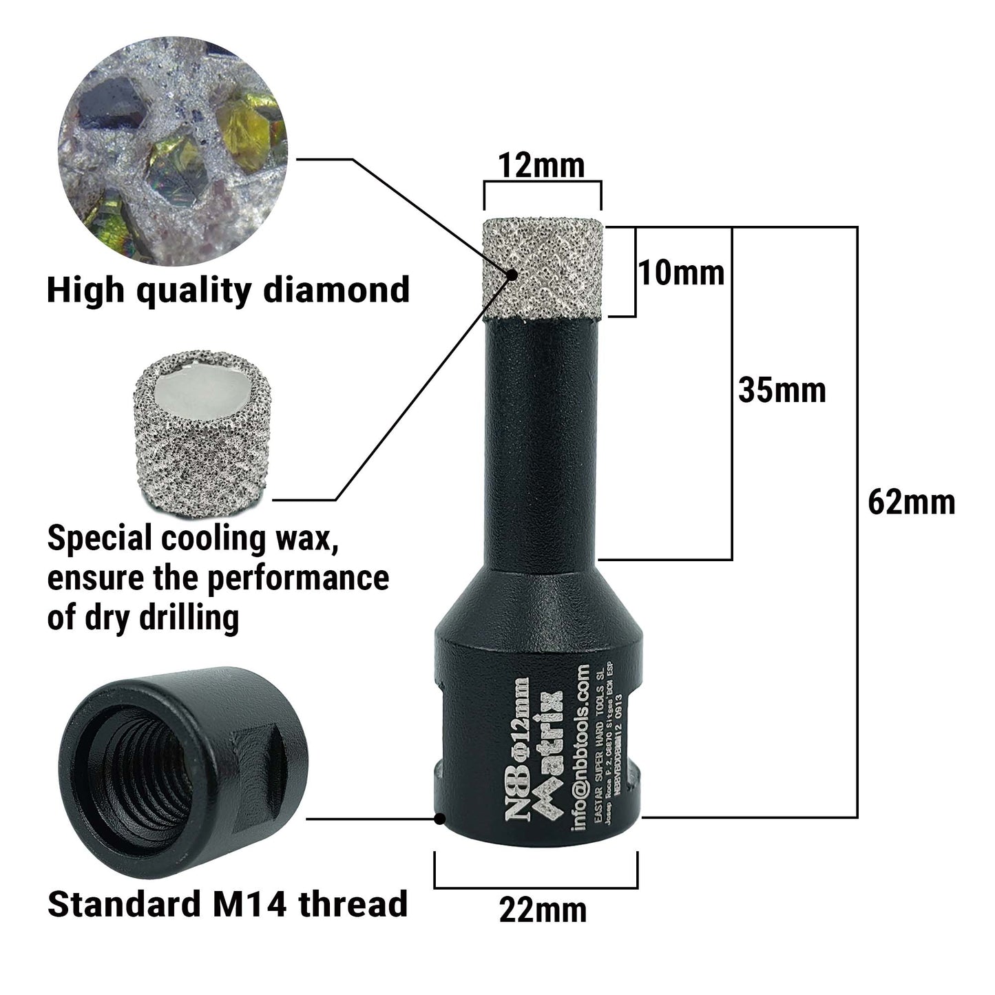 NBB Broca de diamante fresa diamantada con M14 Ordenar en forma de una matriz corona diamante para taladrar en porcelana cerámica baldosa granito mármol en seco húmedo para Amoladora Angular