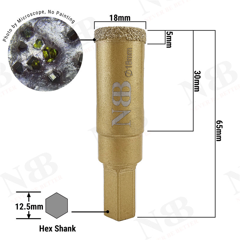 NBB Brocas de diamante con vástago hexagonal 12.5mm, corona diamante para taladrar en seco en porcelana,cerámica,baldosas,granito,azulejo, meyor en húmedo, para perforadora de pistola y banco