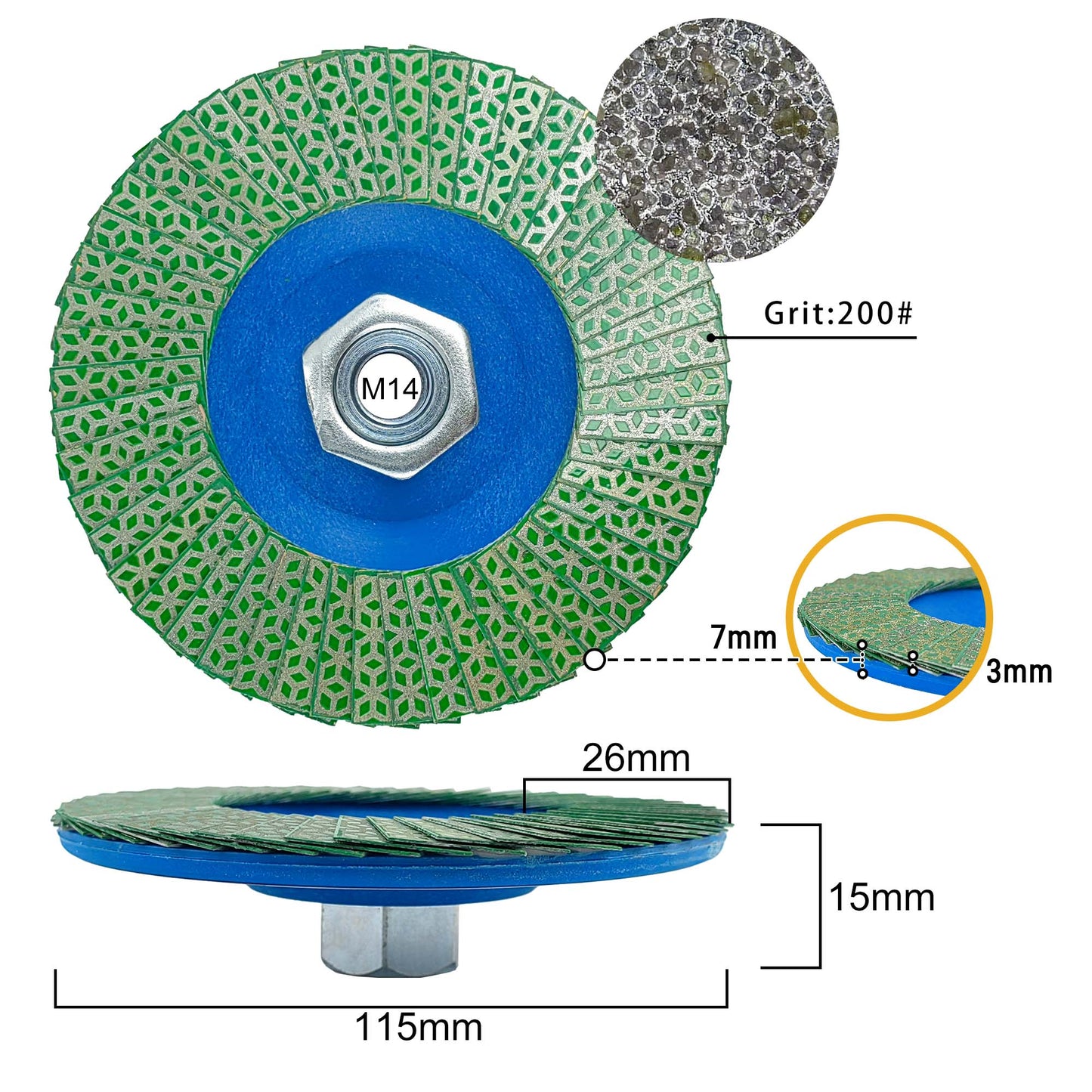 NBB Rueda de láminas con diamante Disco de láminas de diamante completo con M14 brida ideal para lijado pulido de cerámica gres porcelánico piedra bordes y biseles con amoladora