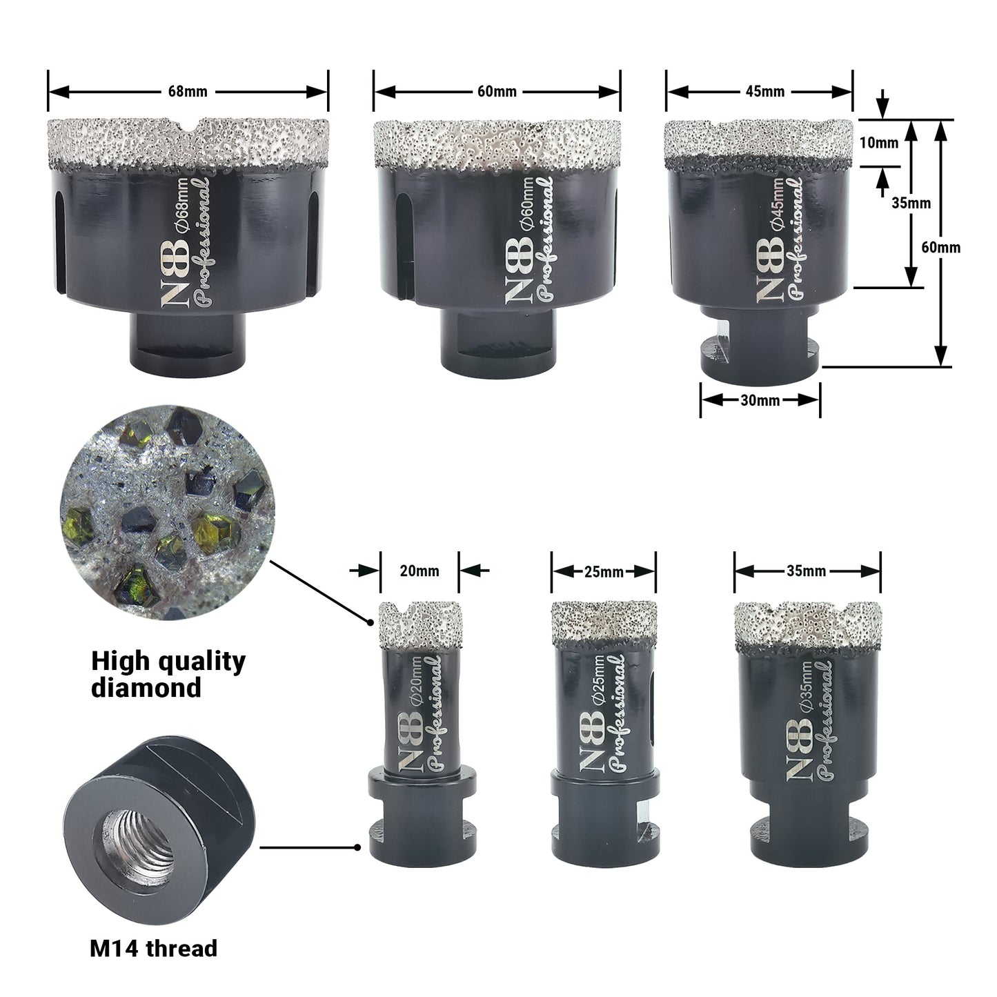 NBB Broca de diamante soldada al vacío con M14, para taladrar en seco y en húmedo profesionalmente en porcelana dura, cerámica, baldosas, granito, mármol, rápida, para Amoladora Angular(PRO EAVBDDBM)