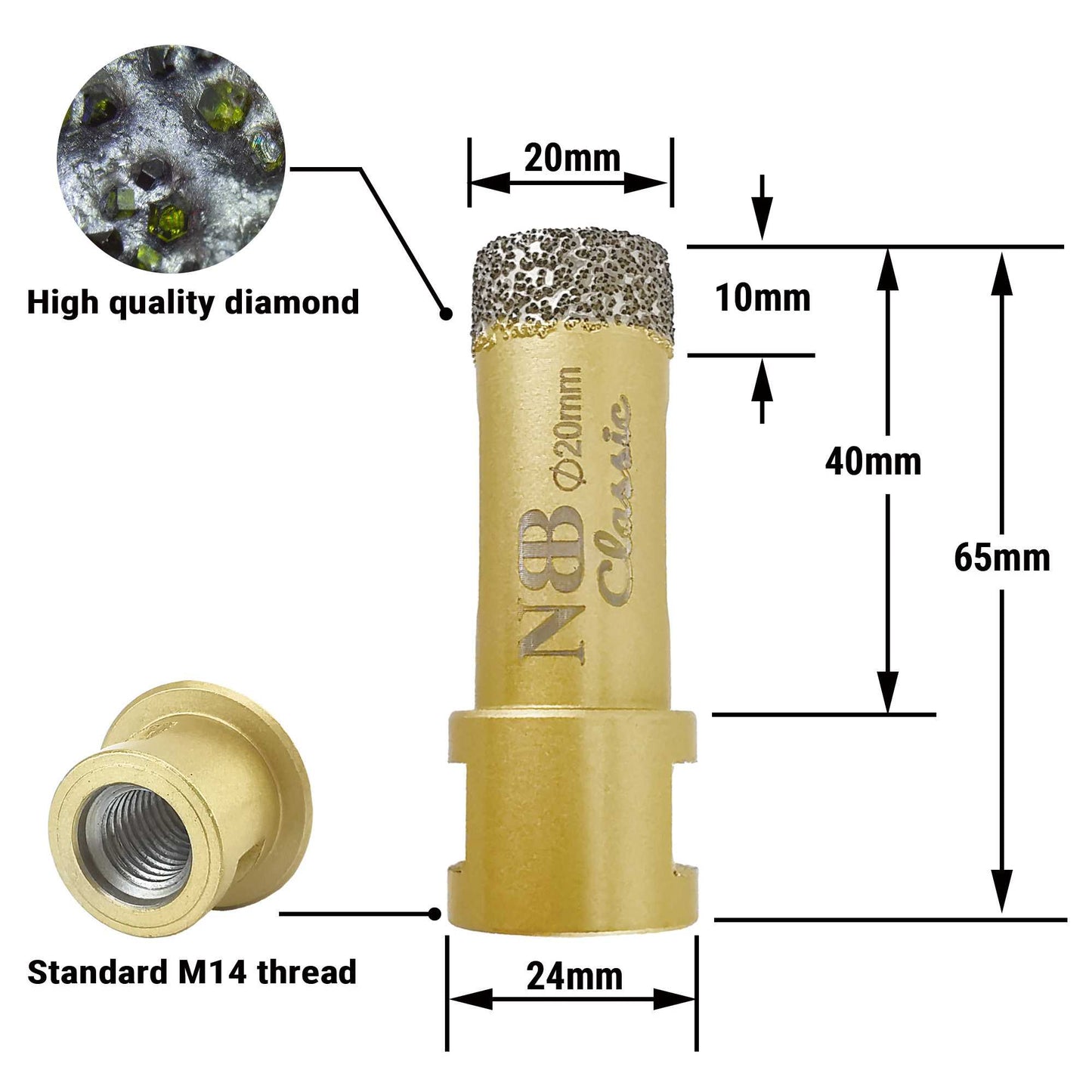 NBB Broca de diamante con M14, tipo dorado clásico, corona diamante para taladrar en seco y en húmedo en porcelana dura, cerámica, baldosas, granito, mármol, azulejo, para Amoladora Angular (Classic)