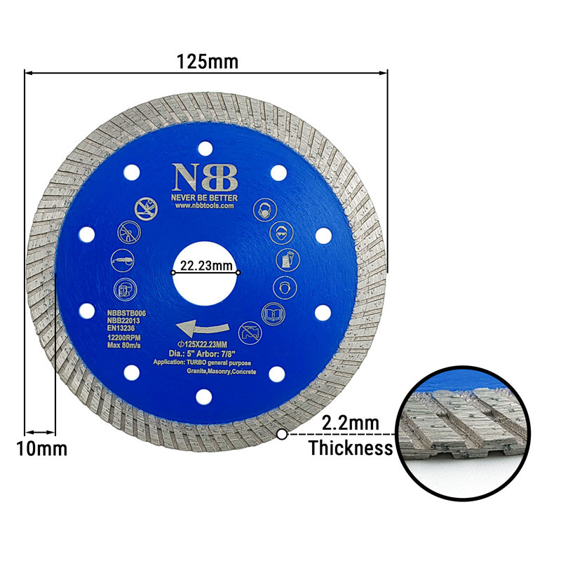 NBB Disco de corte de diamante sierra de diamante con 10mm segmento diamant turbo estrecho espesor 2,2mm hoja diamante Corte en seco de Porcelanico Cerámica Azulejo Mármol Granito Piedra