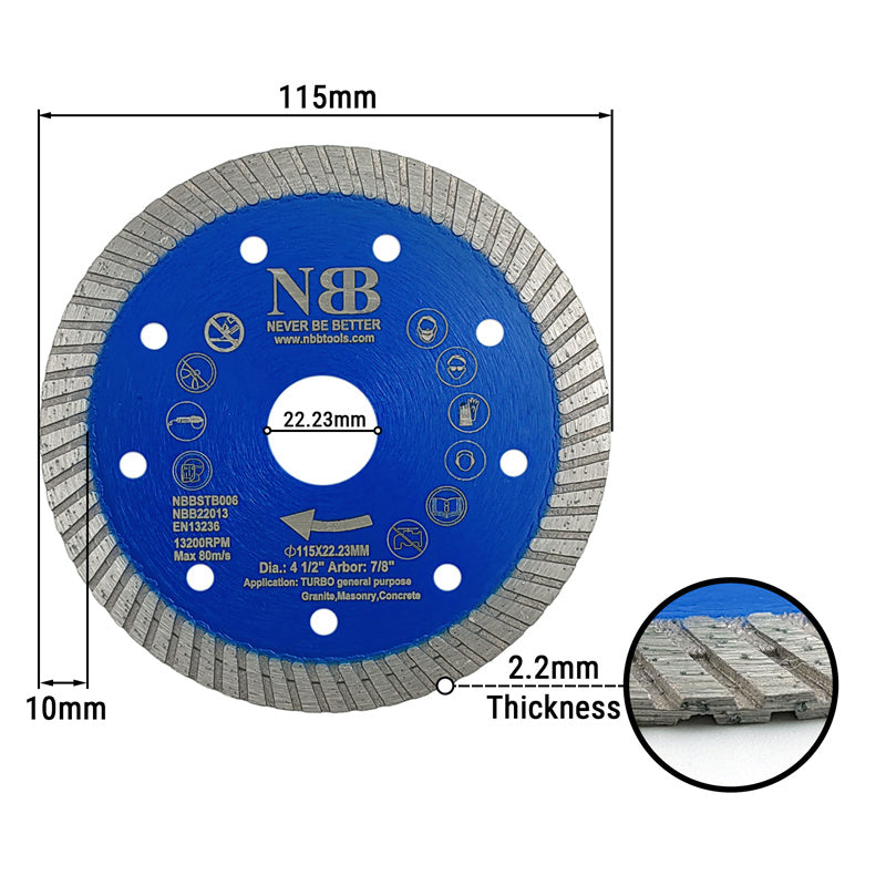 NBB Disco de corte de diamante sierra de diamante con 10mm segmento diamant turbo estrecho espesor 2,2mm hoja diamante Corte en seco de Porcelanico Cerámica Azulejo Mármol Granito Piedra