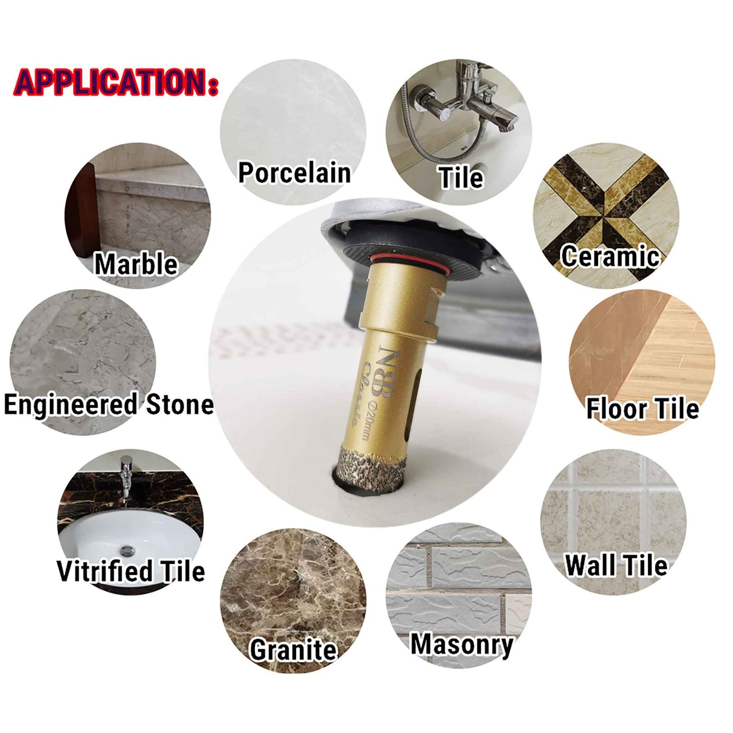 NBB Broca de diamante con M14, tipo dorado clásico, corona diamante para taladrar en seco y en húmedo en porcelana dura, cerámica, baldosas, granito, mármol, azulejo, para Amoladora Angular (Classic)