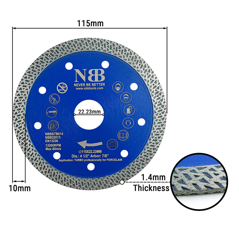 NBB Disco de corte de diamante premium sierra de diamante con altura de 10mm segmento turbo cruzado espesor 1,4mm eje 22,23 mm hoja diamant Corte en seco de Porcelanico Cerámica Azulejo