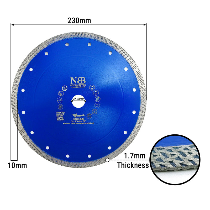NBB Disco de corte de diamante premium sierra de diamante con altura de 10mm segmento turbo cruzado espesor 1,4mm eje 22,23 mm hoja diamant Corte en seco de Porcelanico Cerámica Azulejo