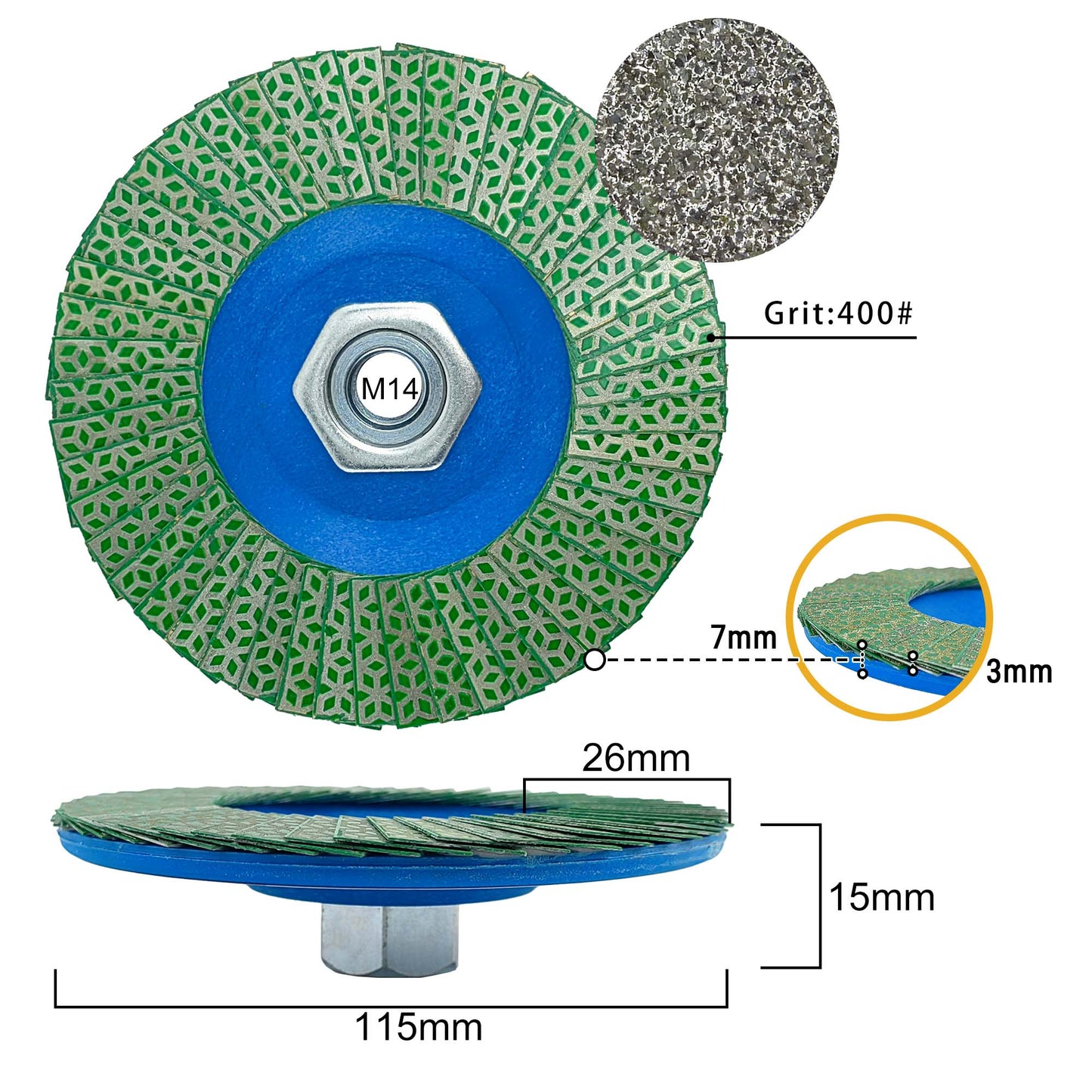 NBB Rueda de láminas con diamante Disco de láminas de diamante completo con M14 brida ideal para lijado pulido de cerámica gres porcelánico piedra bordes y biseles con amoladora