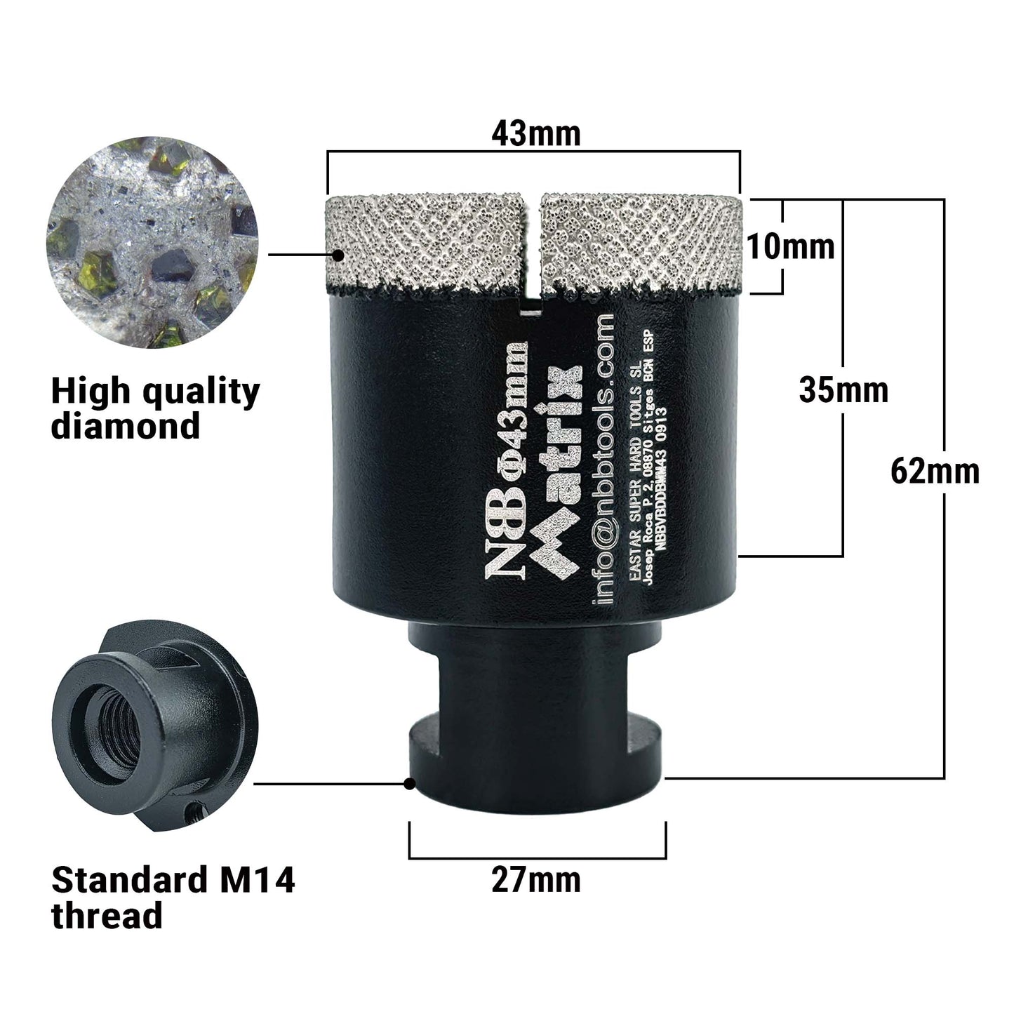 NBB Broca de diamante fresa diamantada con M14 Ordenar en forma de una matriz corona diamante para taladrar en porcelana cerámica baldosa granito mármol en seco húmedo para Amoladora Angular