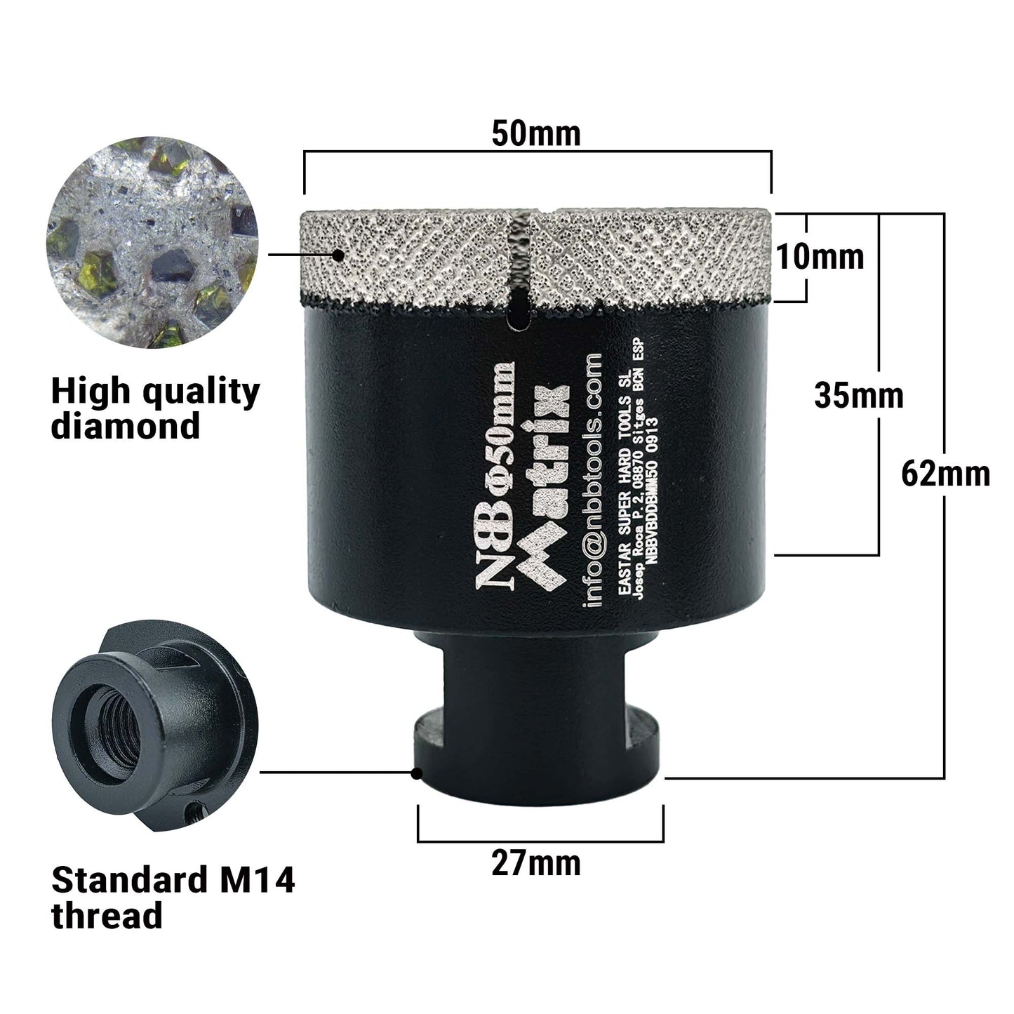 NBB Broca de diamante fresa diamantada con M14 Ordenar en forma de una matriz corona diamante para taladrar en porcelana cerámica baldosa granito mármol en seco húmedo para Amoladora Angular