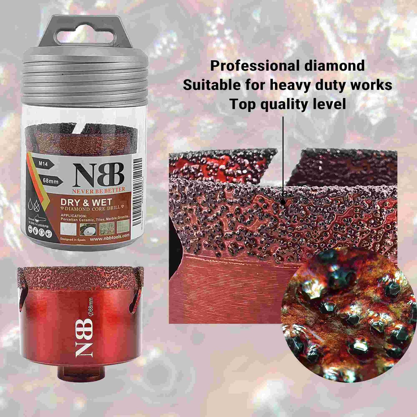 NBB Broca de diamante con M14, corona diamante para taladrar en seco y en húmedo profesionalmente en porcelana dura, cerámica, baldosas, granito, mármol, azulejo, para Amoladora Angular