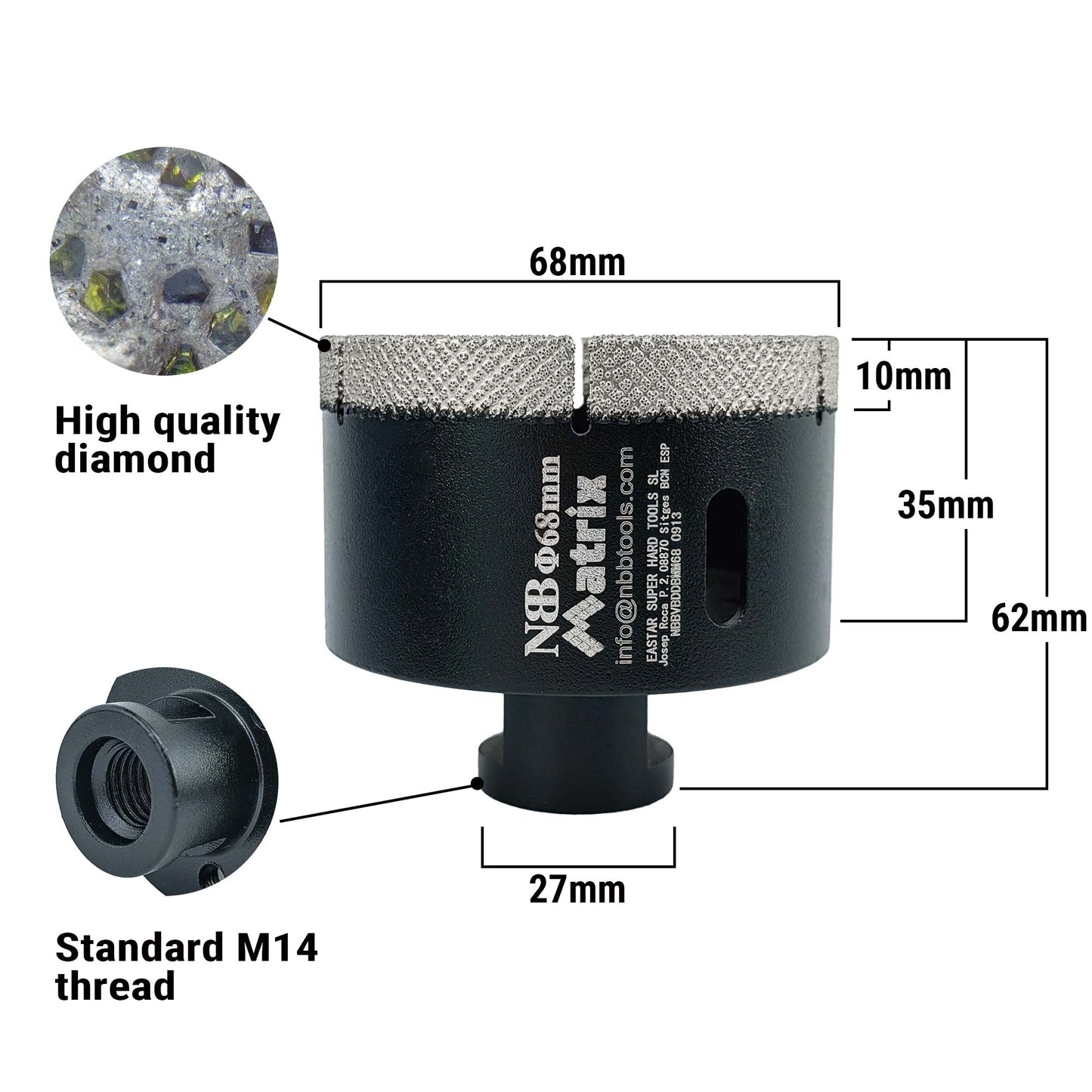 NBB Broca de diamante fresa diamantada con M14 Ordenar en forma de una matriz corona diamante para taladrar en porcelana cerámica baldosa granito mármol en seco húmedo para Amoladora Angular