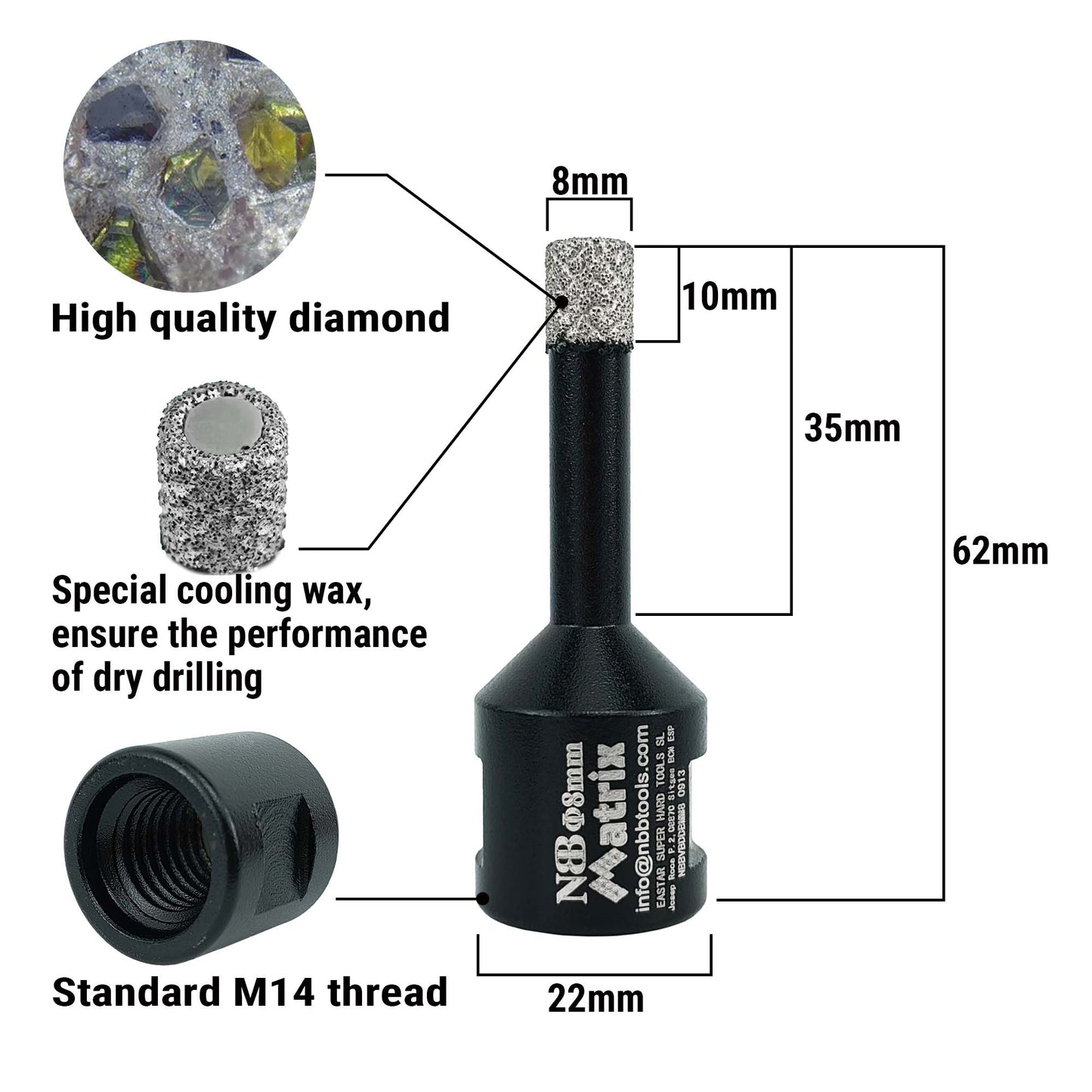 NBB Broca de diamante fresa diamantada con M14 Ordenar en forma de una matriz corona diamante para taladrar en porcelana cerámica baldosa granito mármol en seco húmedo para Amoladora Angular
