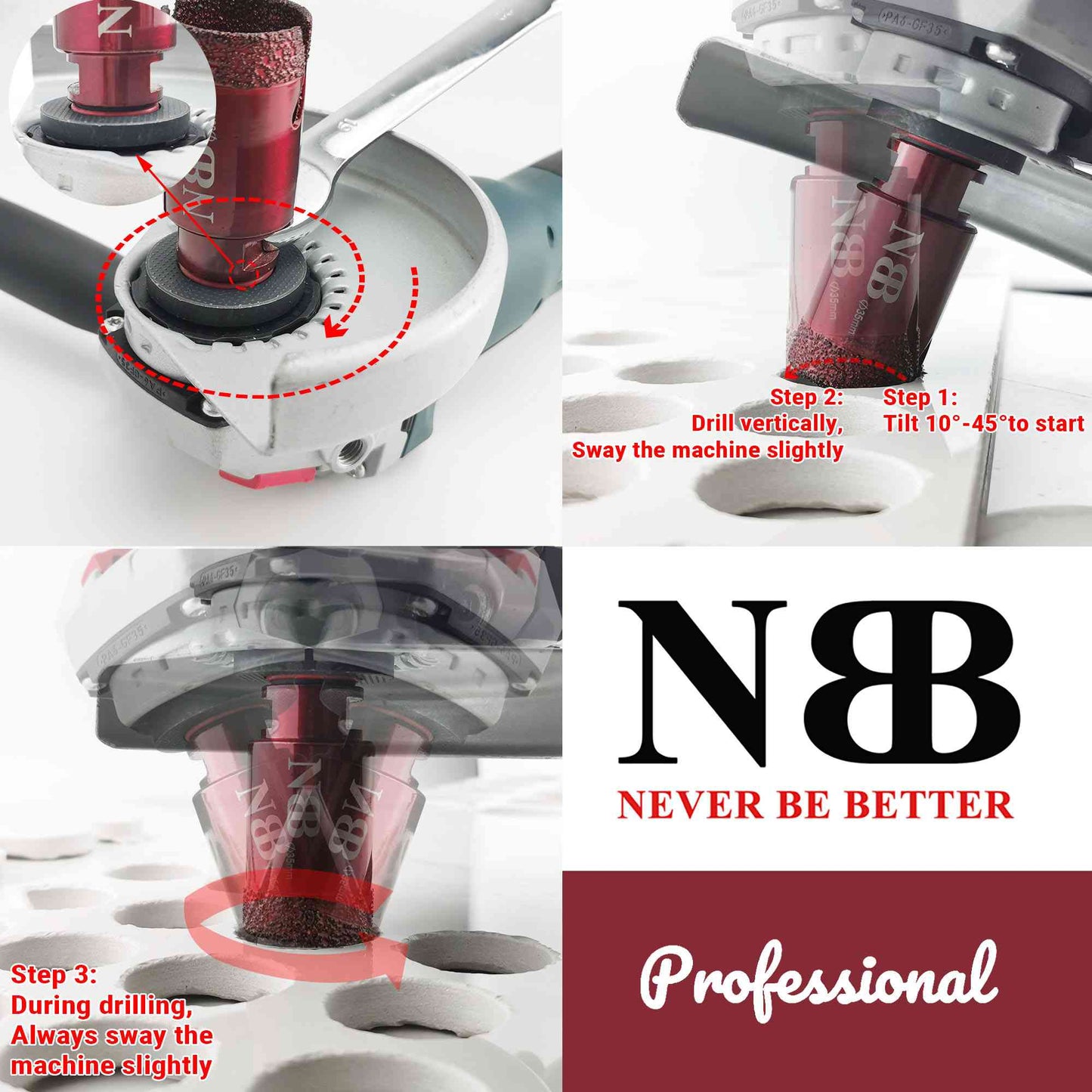 NBB Broca de diamante con M14, corona diamante para taladrar en seco y en húmedo profesionalmente en porcelana dura, cerámica, baldosas, granito, mármol, azulejo, para Amoladora Angular