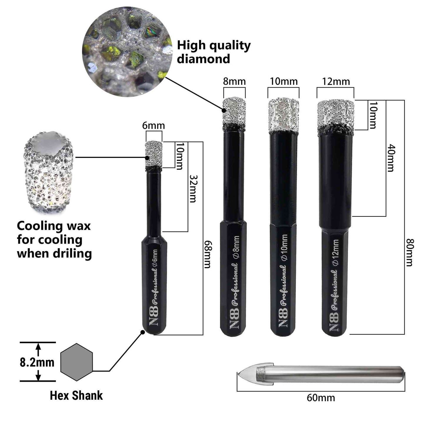 NBB Brocas de diamante con vástago hexagonal,corona diamante para taladrar en seco en porcelana, cerámica, baldosas, granito, azulejo, meyor en húmedo, en taladros de cable o sin cable
