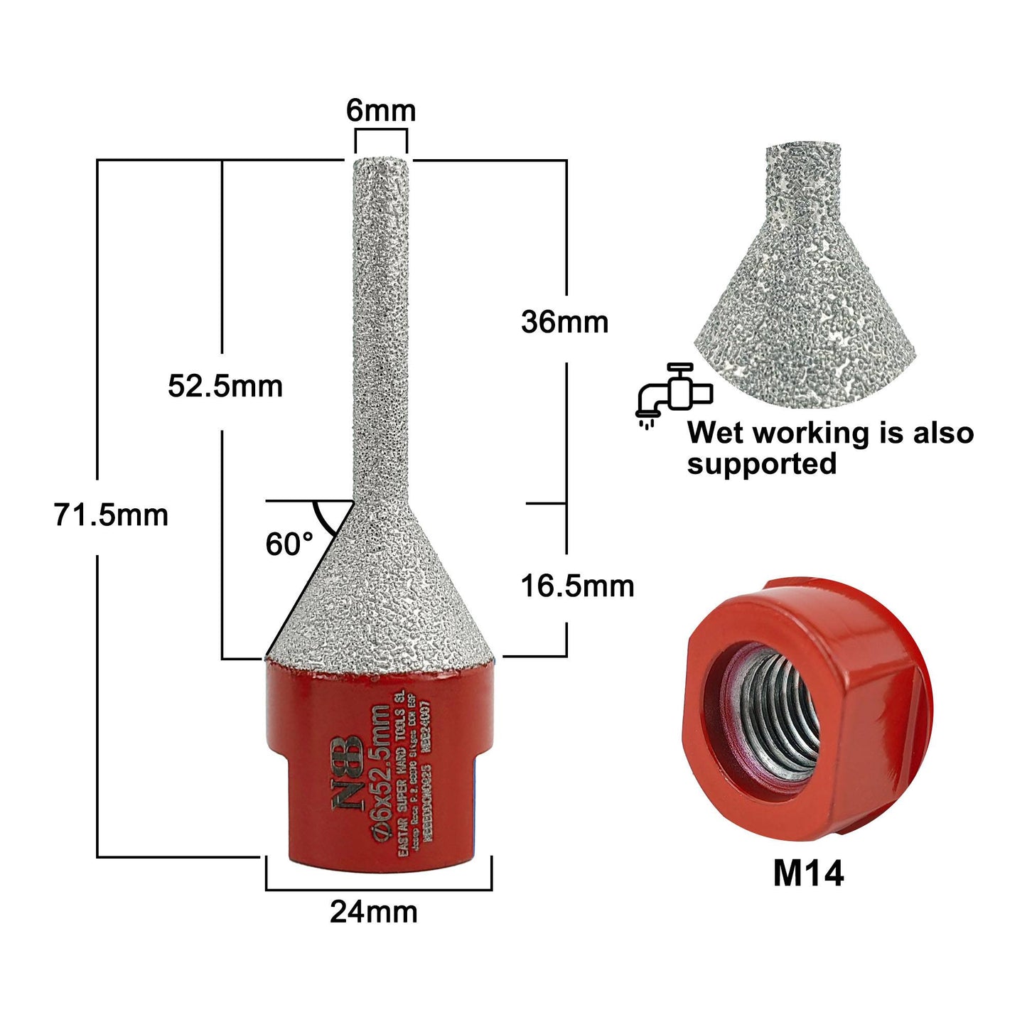 NBB Broca de fresado de dedo diamante con M14 Fresa cónica de diamante broca de chaflán para ampliar biselar agujeros baldosas azulejos cerámica porcelana granito mármol en seco