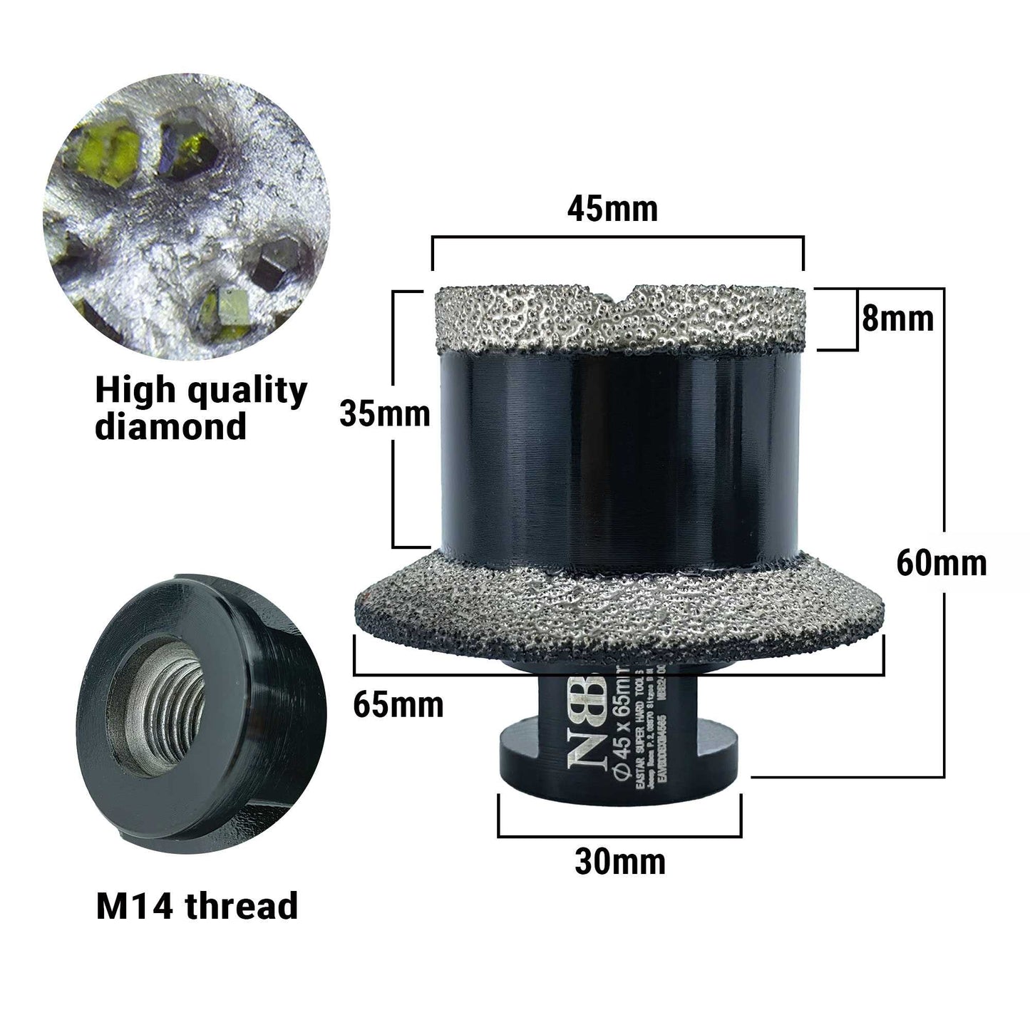 NBB Broca con biselado de diamante con M14 corona diamante sierra perforadora de diamante para taladrar y perfilar drenajes en porcelana cerámica baldosas granito mármol azulejo 2-in-1