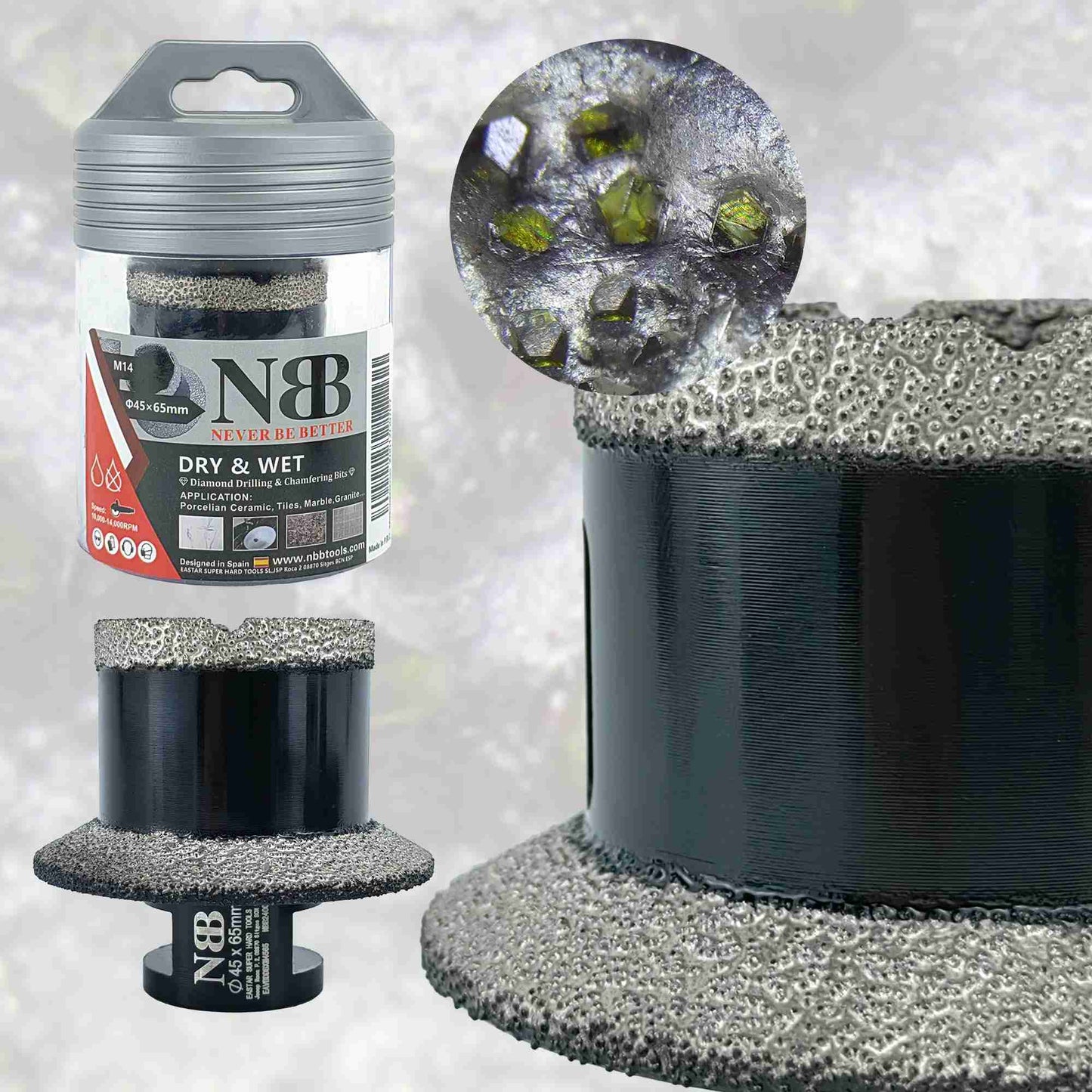 NBB Broca con biselado de diamante con M14 corona diamante sierra perforadora de diamante para taladrar y perfilar drenajes en porcelana cerámica baldosas granito mármol azulejo 2-in-1