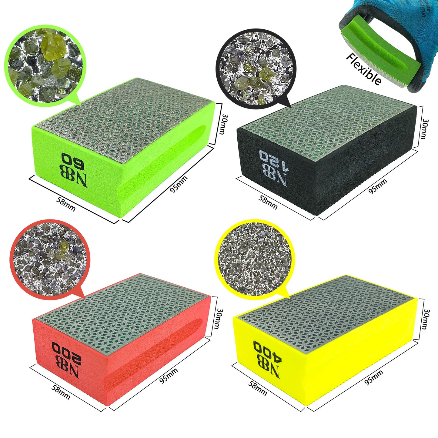 NBB Almohadilla diamantada a Mano para lijar o pulir, Bloque Diamante de Lijado/Pulido con Respaldo de Esponja Flexible para moliendar Piedra Granito cerámica azulejo Vidrio Madera Metal