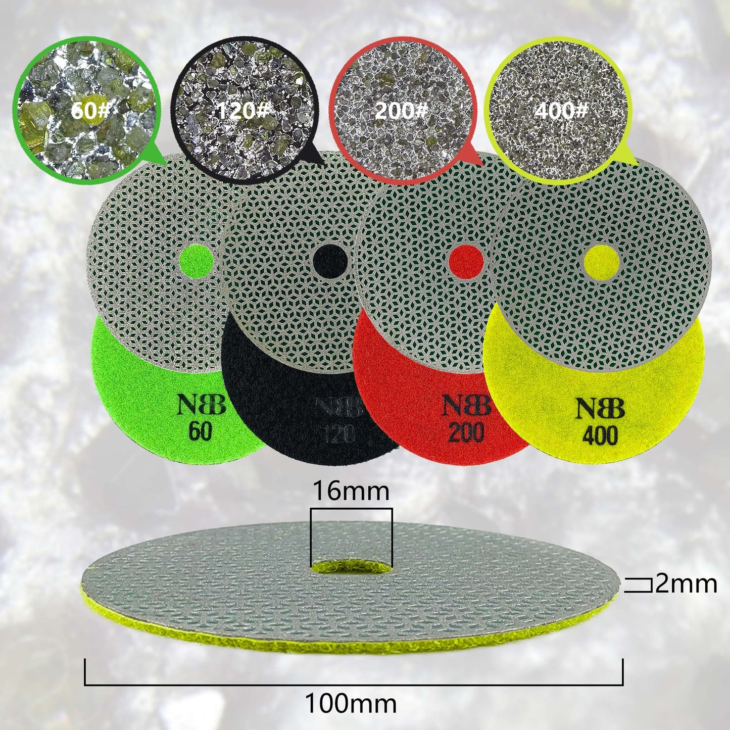 NBB Almohadilla de pulido de diamante electrochapada para pulido en seco en mármol granito piedra natural cerámica madera vidrio metal diámetro 100mm 4" con respaldo de nailon