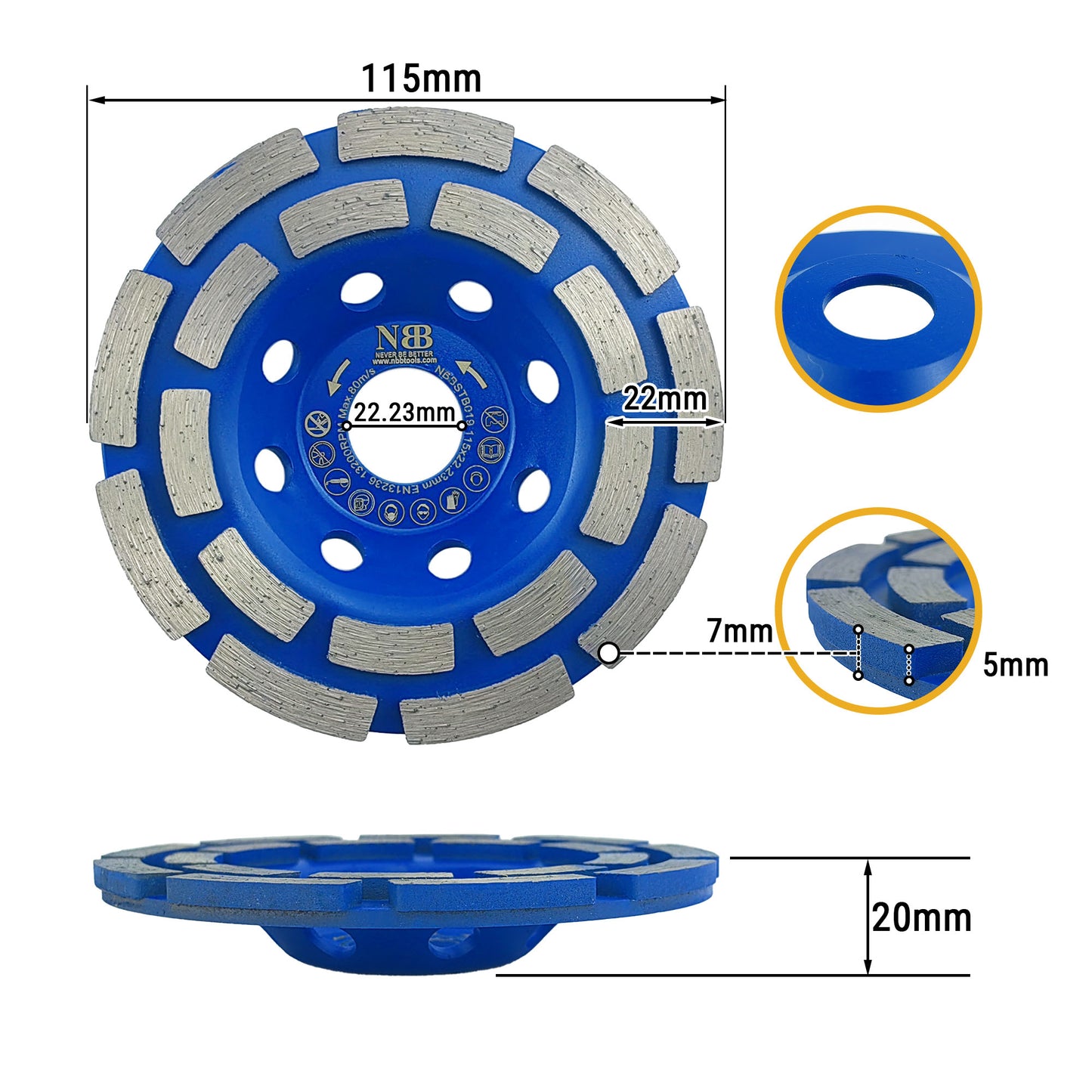 NBB Muela de copa diamante Disco molienda diamantado cuchillas de doble fila amolado uso general para piedra y hormigón Rectificado seco o húmedo en granito mármol cerámica azulejos cemento