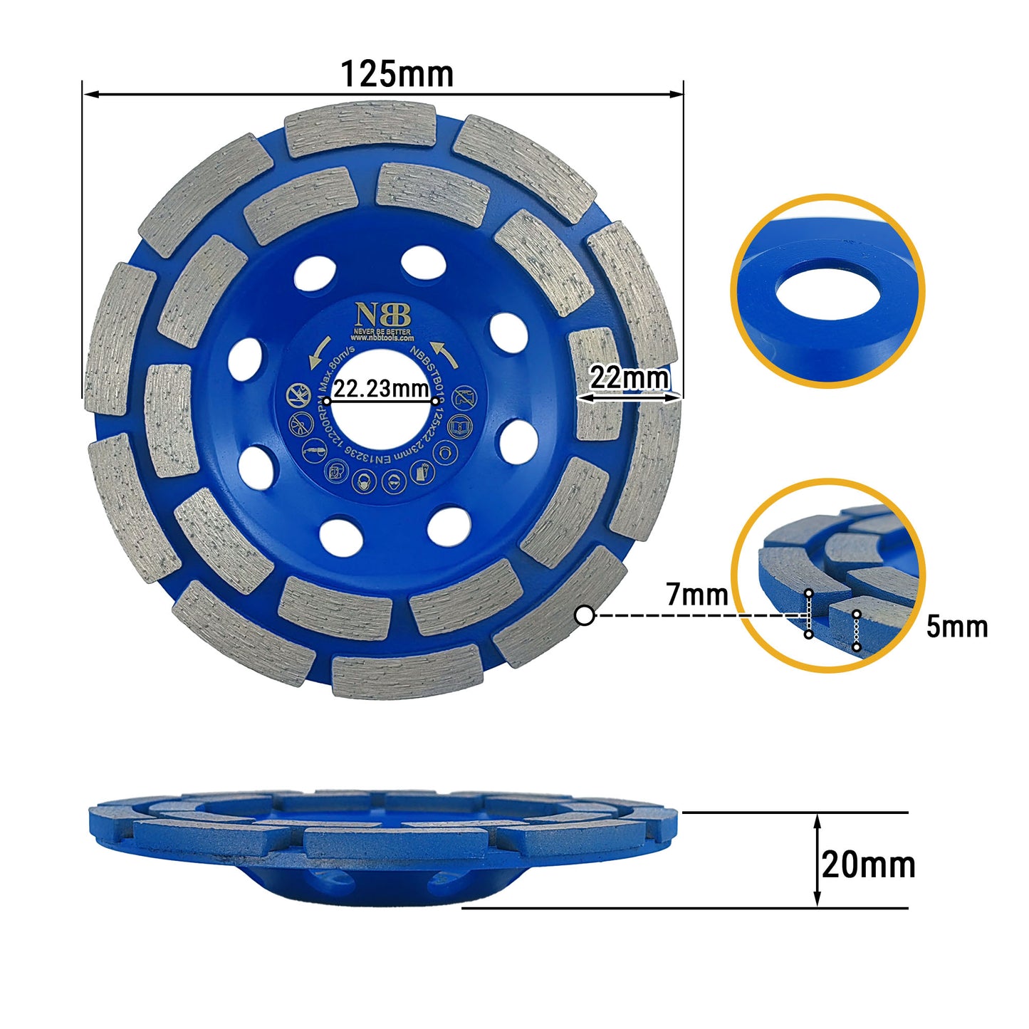NBB Muela de copa diamante Disco molienda diamantado cuchillas de doble fila amolado uso general para piedra y hormigón Rectificado seco o húmedo en granito mármol cerámica azulejos cemento