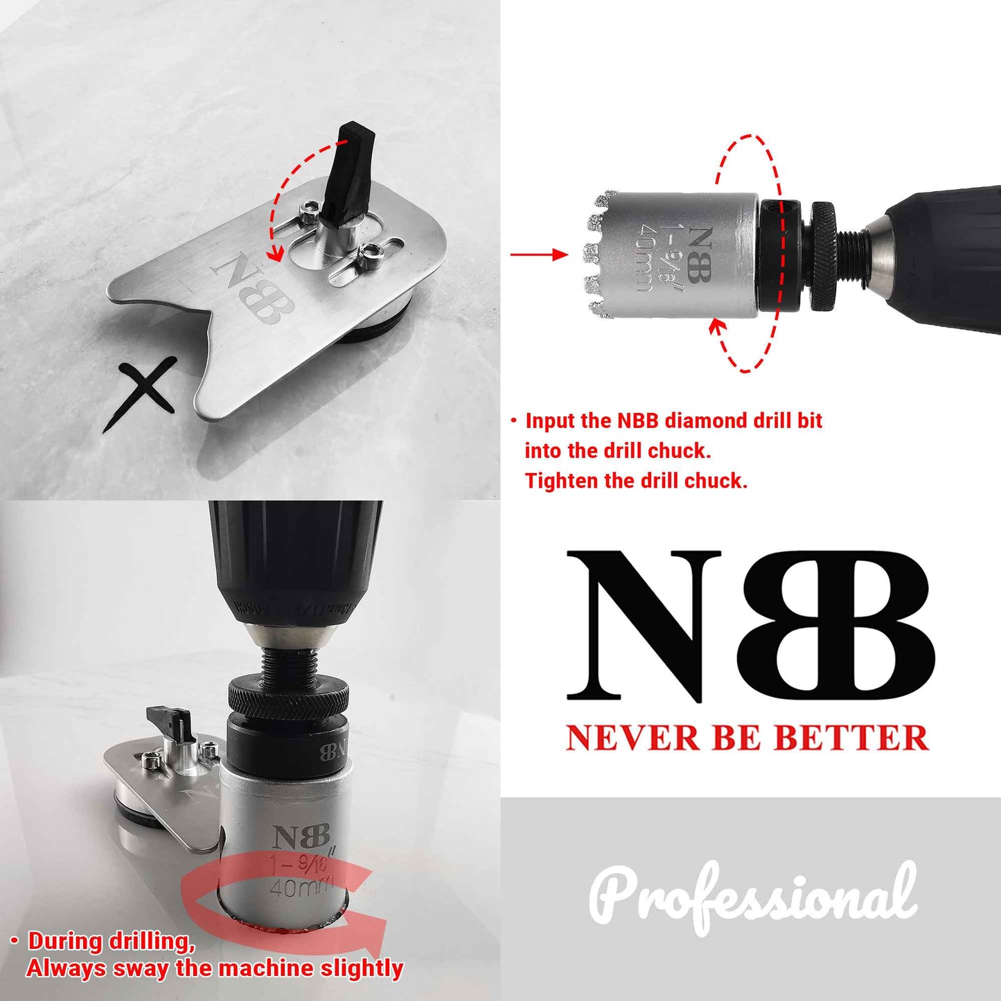 NBB Broca de diamante, corona diamante para taladrar en seco y en húmedo en porcelana dura, cerámica, baldosas, granito, mármol, azulejo, Conectado a Árbol, para Taladro de Pistola/Banco