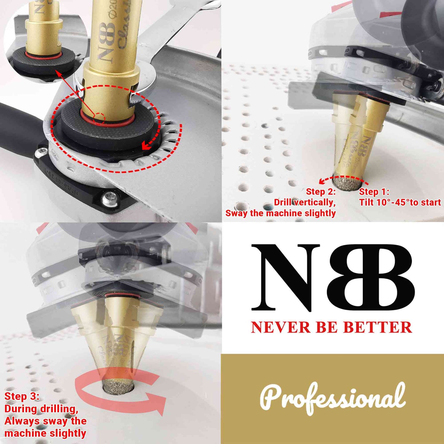 NBB Broca de diamante con M14, tipo dorado clásico, corona diamante para taladrar en seco y en húmedo en porcelana dura, cerámica, baldosas, granito, mármol, azulejo, para Amoladora Angular (Classic)
