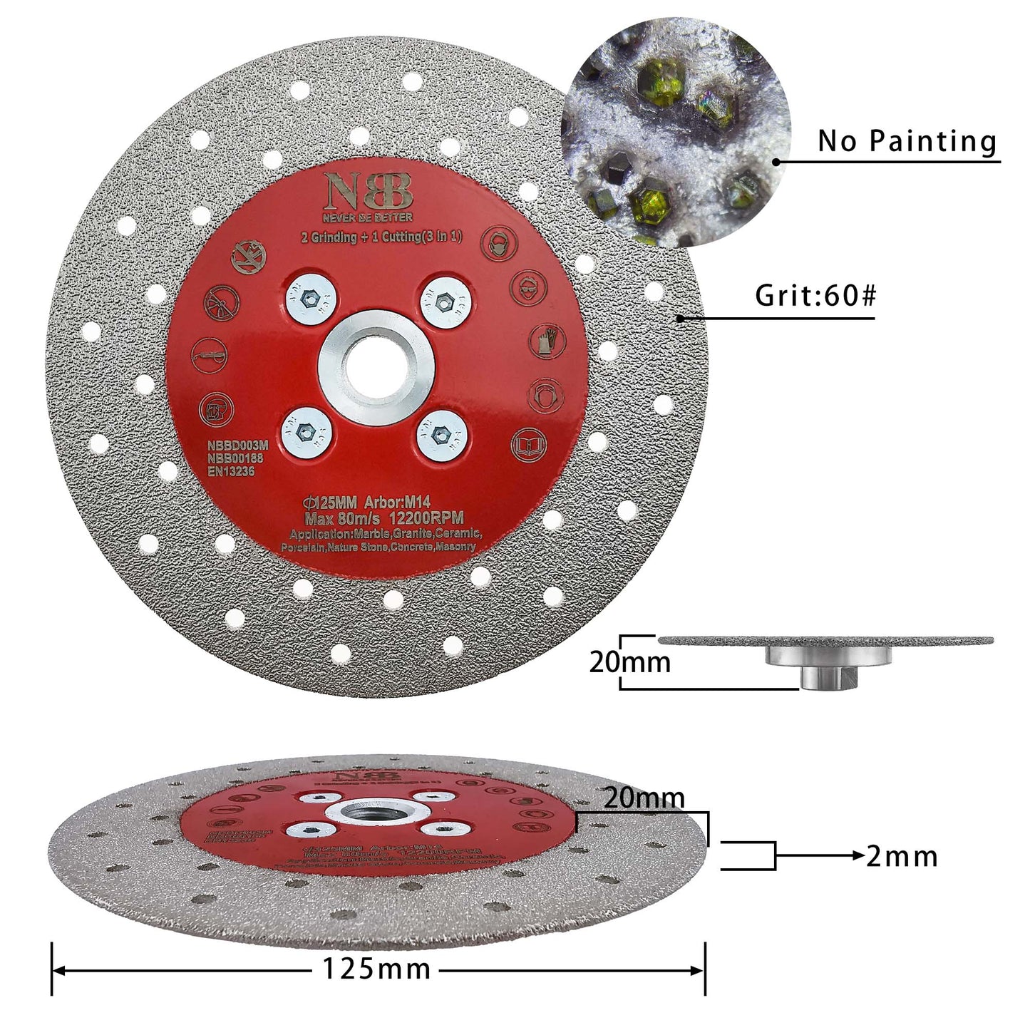 NBB Disco de diamante soldado sierra de diamante corte y rectificado 3 en 1molienda y corte en granito mármol azulejos cerámica porcelana piedra Metal Vidrio seco M14 para amoladora angular(Grueso)