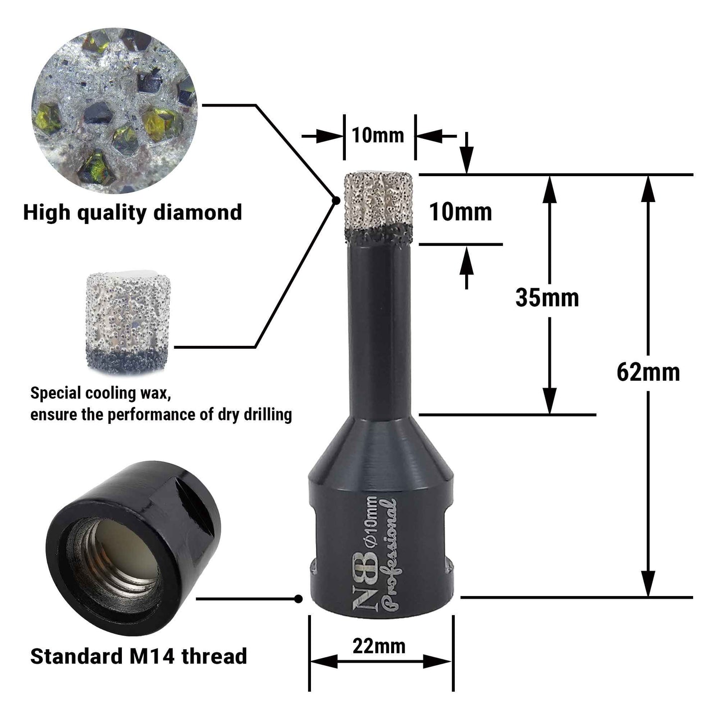NBB Broca de diamante con M14, corona diamante para taladrar en seco y en húmedo profesionalmente en porcelana,cerámica,baldosas,granito,mármol,azulejo,para Amoladora Angular(4pcs +1pc Adaptador)
