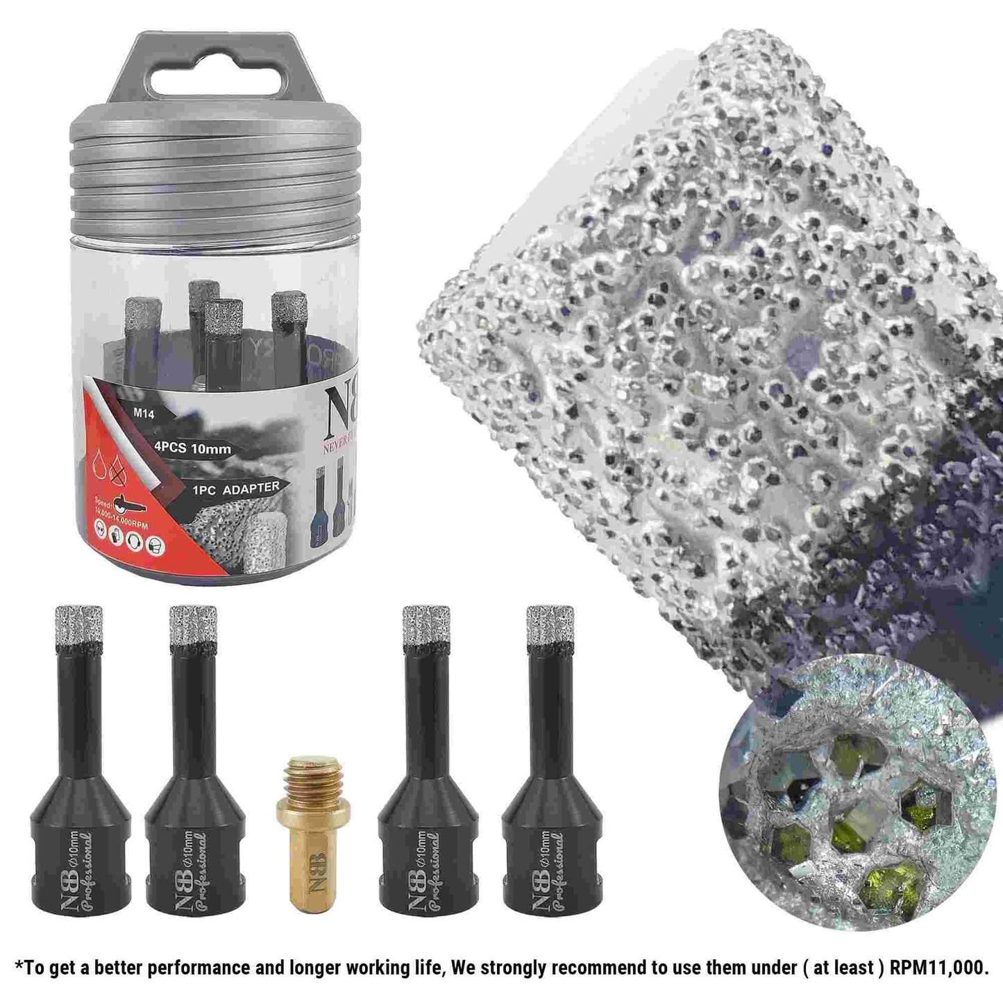NBB Broca de diamante con M14, corona diamante para taladrar en seco y en húmedo profesionalmente en porcelana,cerámica,baldosas,granito,mármol,azulejo,para Amoladora Angular(4pcs +1pc Adaptador)