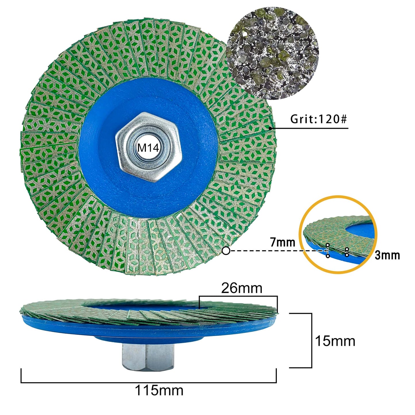 NBB Rueda de láminas con diamante Disco de láminas de diamante completo con M14 brida ideal para lijado pulido de cerámica gres porcelánico piedra bordes y biseles con amoladora