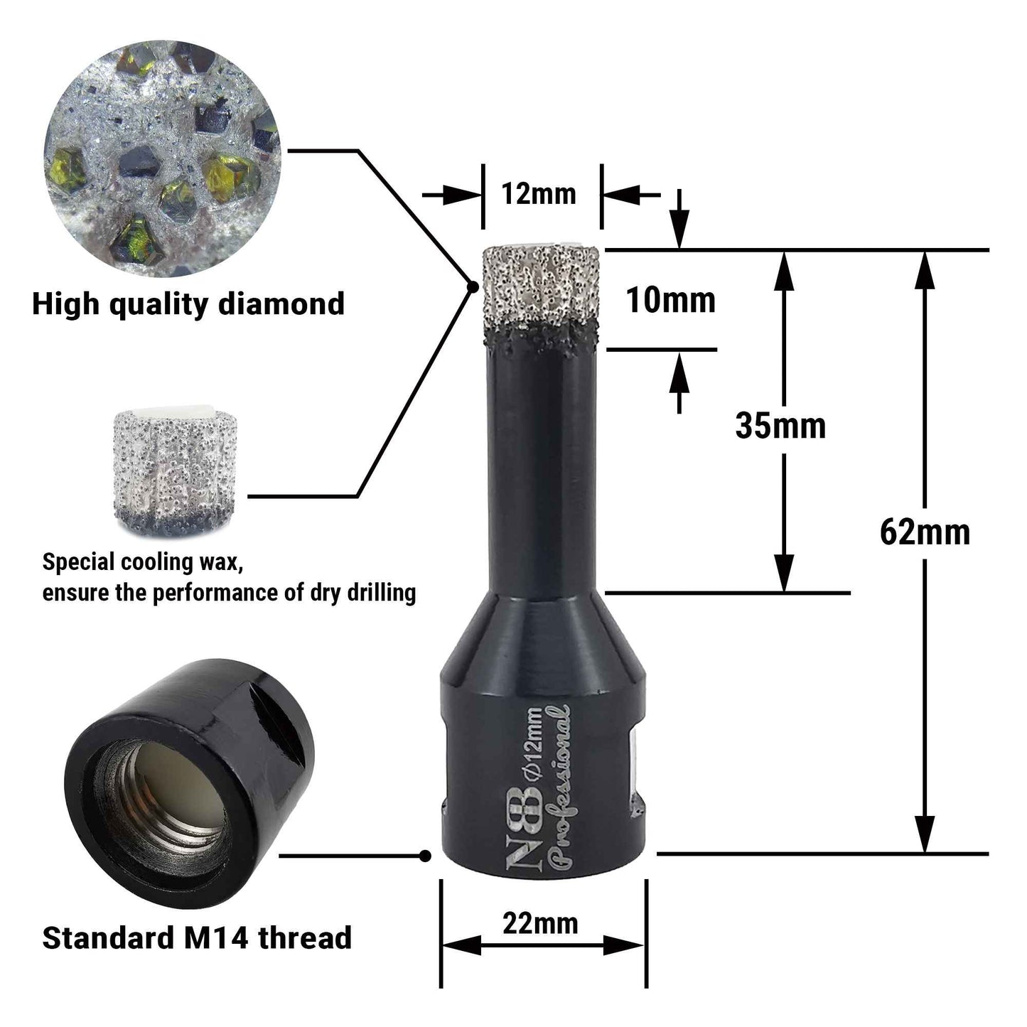 NBB Broca de diamante con M14, corona diamante para taladrar en seco y en húmedo profesionalmente en porcelana,cerámica,baldosas,granito,mármol,azulejo,para Amoladora Angular(4pcs +1pc Adaptador)