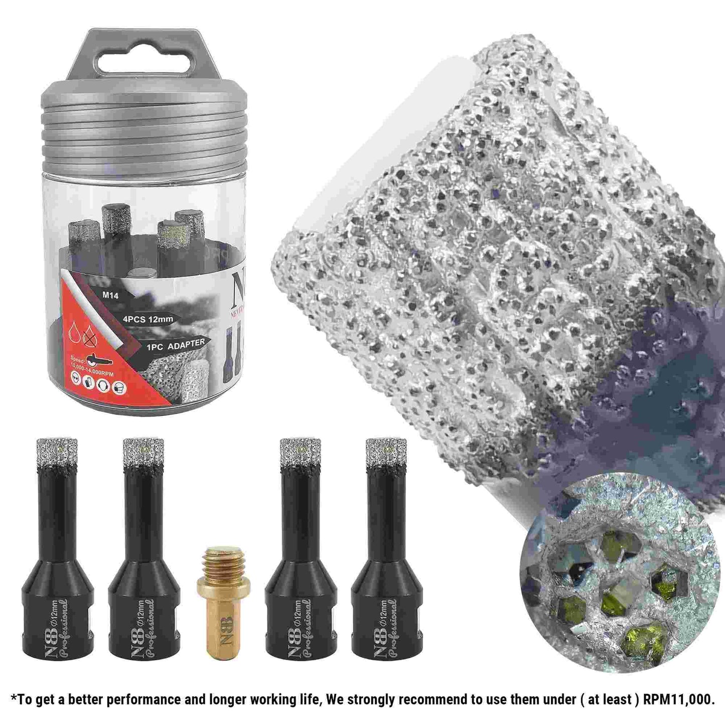 NBB Broca de diamante con M14, corona diamante para taladrar en seco y en húmedo profesionalmente en porcelana,cerámica,baldosas,granito,mármol,azulejo,para Amoladora Angular(4pcs +1pc Adaptador)