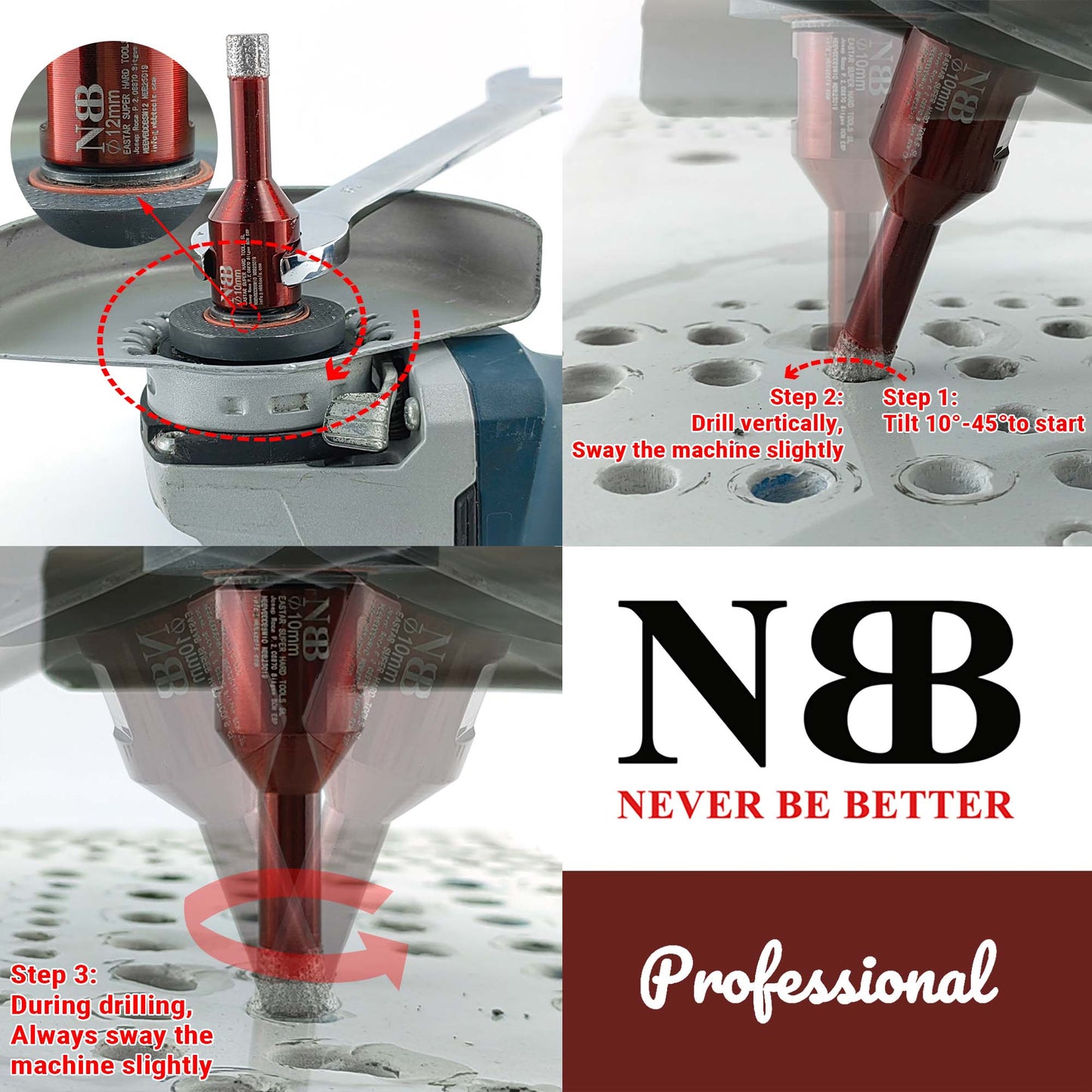 Foret diamanté NBB, fraise diamantée M14, foret à carottage diamanté pour perçage à sec et à l'eau dans la porcelaine dure, la céramique, le carrelage, le granit, le marbre, pour meuleuse d'angle