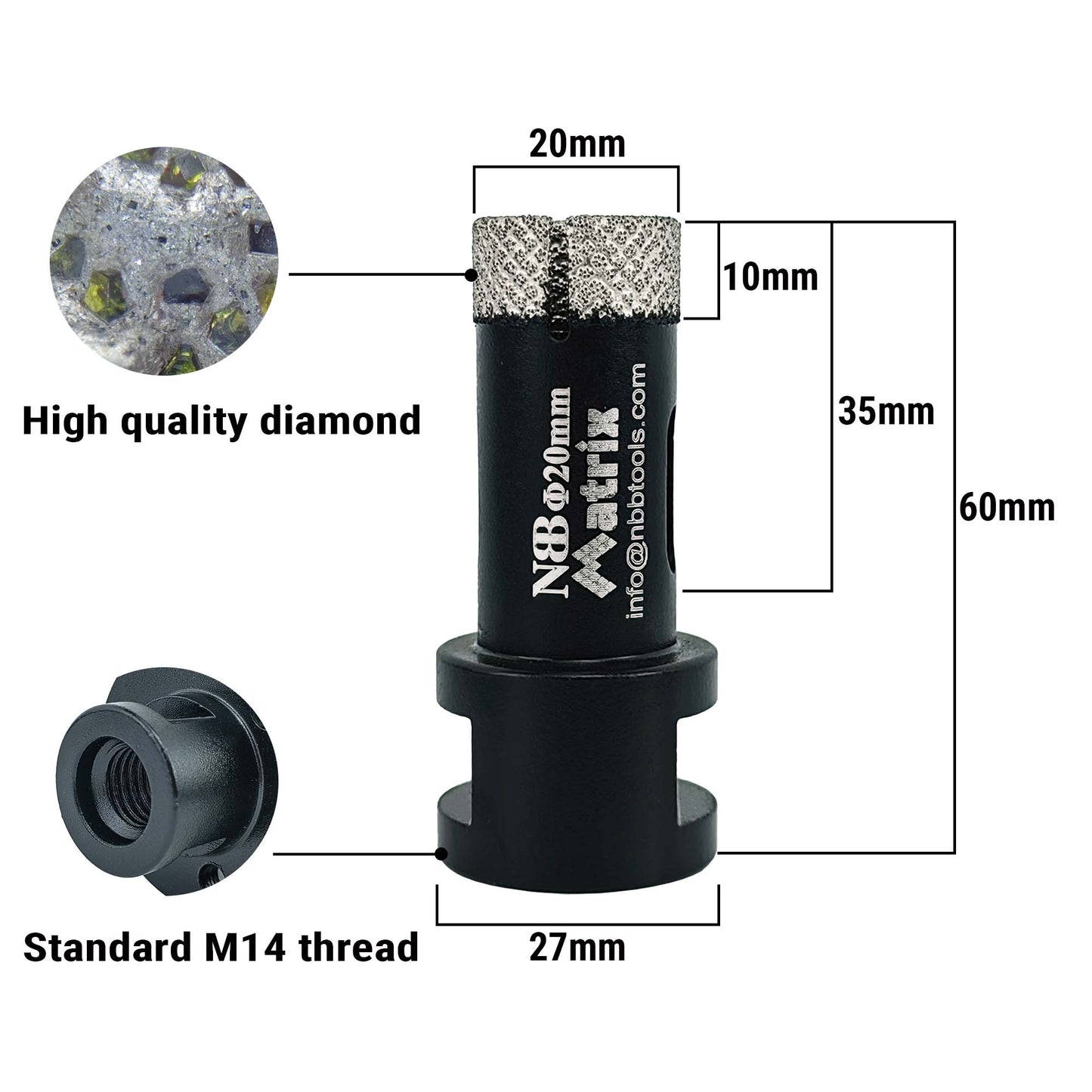NBB Broca de diamante fresa diamantada con M14 Ordenar en forma de una matriz corona diamante para taladrar en porcelana cerámica baldosa granito mármol en seco húmedo para Amoladora Angular