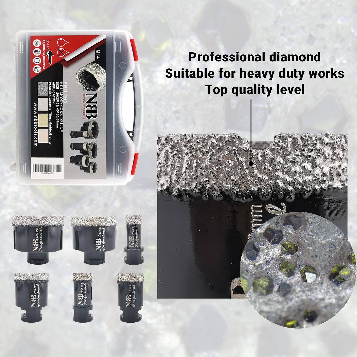 NBB Broca de diamante soldada al vacío con M14, para taladrar en seco y en húmedo profesionalmente en porcelana dura, cerámica, baldosas, granito, mármol, rápida, para Amoladora Angular(PRO EAVBDDBM)