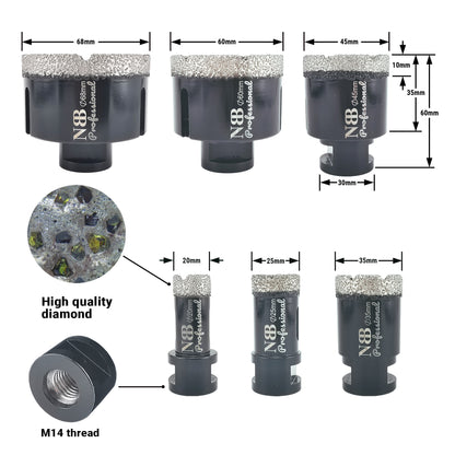 NBB Broca de diamante soldada al vacío con M14, para taladrar en seco y en húmedo profesionalmente en porcelana dura, cerámica, baldosas, granito, mármol, rápida, para Amoladora Angular(PRO EAVBDDBM)