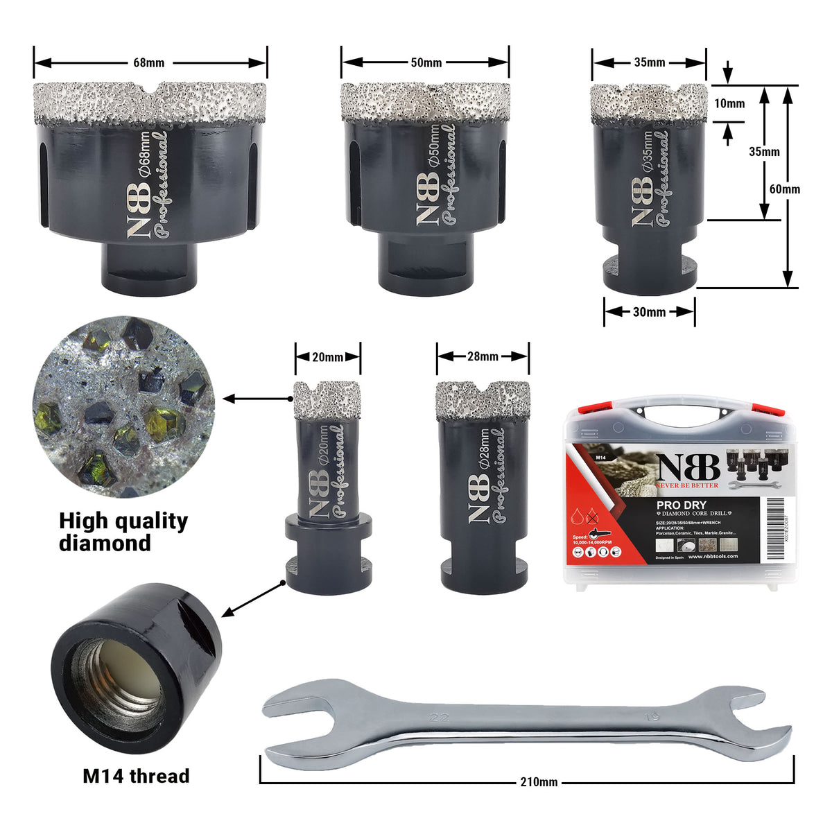 NBB Broca de diamante soldada al vacío con M14, para taladrar en seco y en húmedo profesionalmente en porcelana dura, cerámica, baldosas, granito, mármol, rápida, para Amoladora Angular(PRO EAVBDDBM)