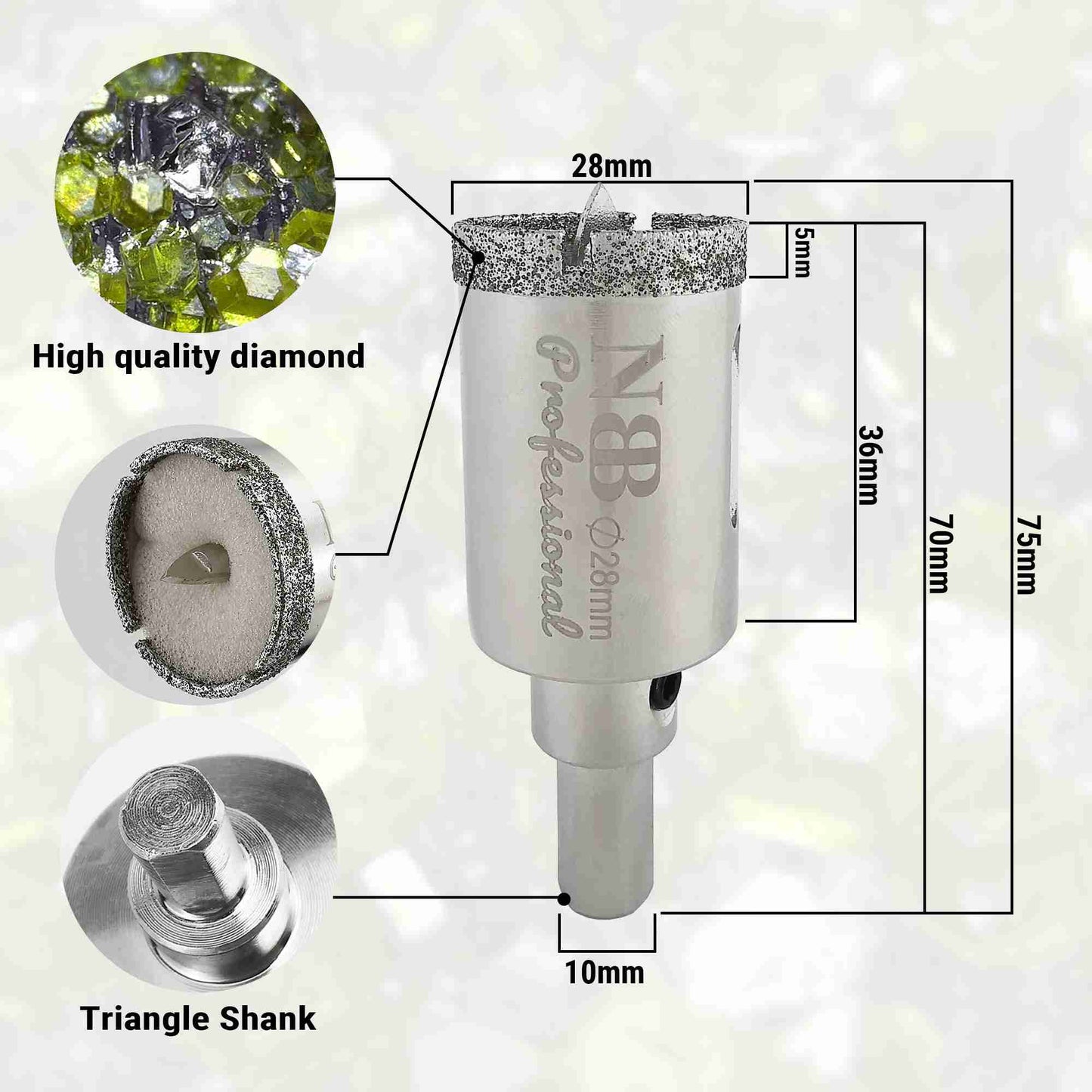 NBB Brocas de diamante con vástago triangular, corona diamante, taladrar en húmedo en mármol, piedra lujo, cerámica, granito, azulejo, vidrio, tec. galvanizada, en taladros de cable o sin cable