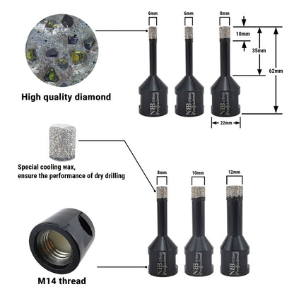 6pcs NBB Broca de diamante soldada al vacío con M14, para taladrar en seco y en húmedo profesionalmente en porcelana dura, cerámica,baldosas,granito,mármol,para Amoladora Angular