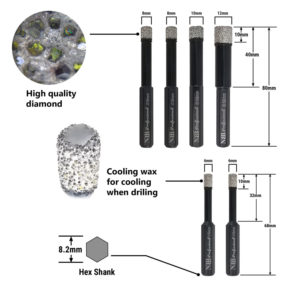 NBB Brocas de diamante con vástago hexagonal,corona diamante para taladrar, seco en porcelana,cerámica,baldosas,granito,azulejo, meyor en húmedo, en taladros de cable o sin cable(7, 6/6/8/8/10/12mm)