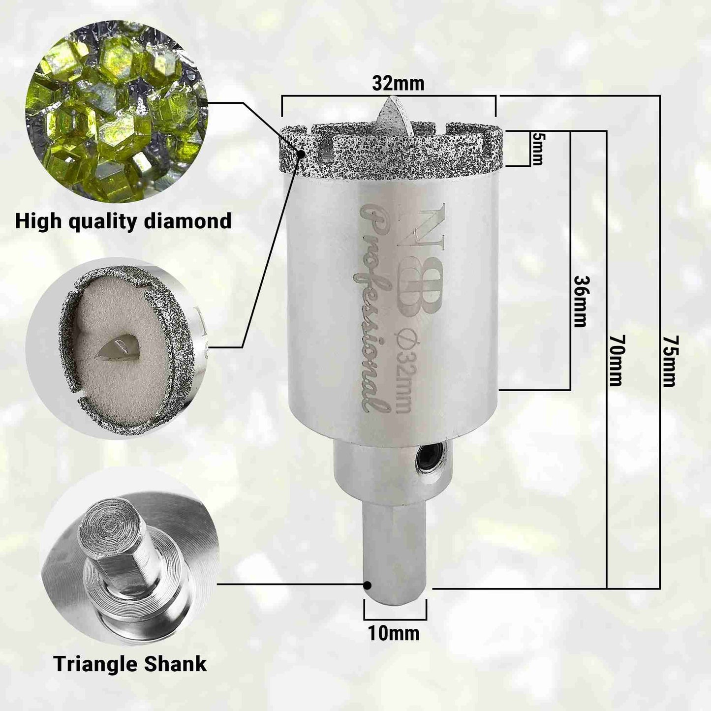 NBB Brocas de diamante con vástago triangular, corona diamante, taladrar en húmedo en mármol, piedra lujo, cerámica, granito, azulejo, vidrio, tec. galvanizada, en taladros de cable o sin cable