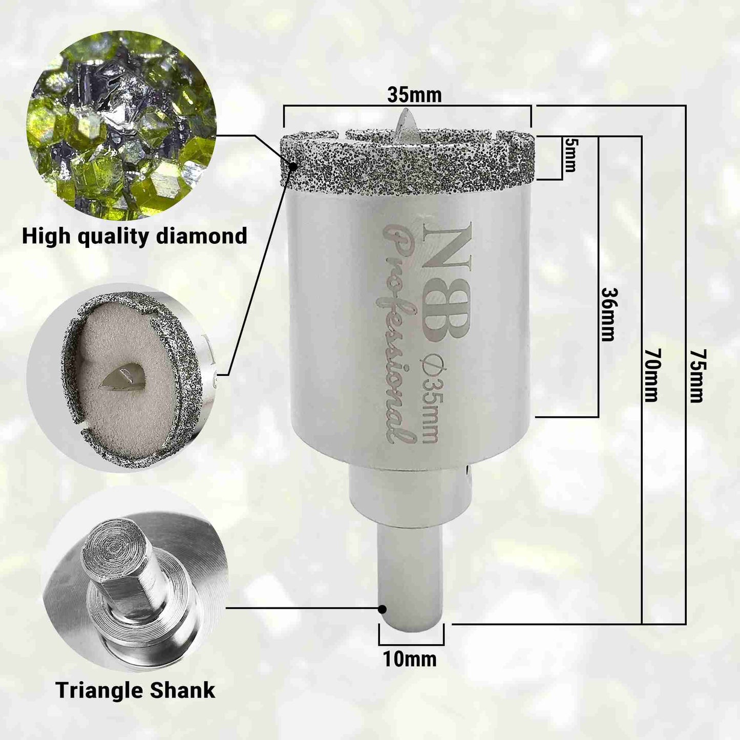 NBB Brocas de diamante con vástago triangular, corona diamante, taladrar en húmedo en mármol, piedra lujo, cerámica, granito, azulejo, vidrio, tec. galvanizada, en taladros de cable o sin cable
