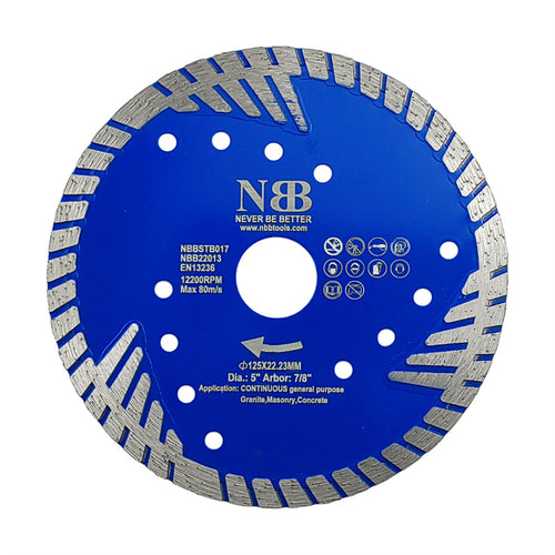 NBB Disco de corte diamante sierra de diamante con cortador turbo reforzado altura de 8mm eje 22,23 mm hoja cuchilla de corte de uso general Granito Cerámica Ladrillo Hormigón en seco húmedo (125mm)
