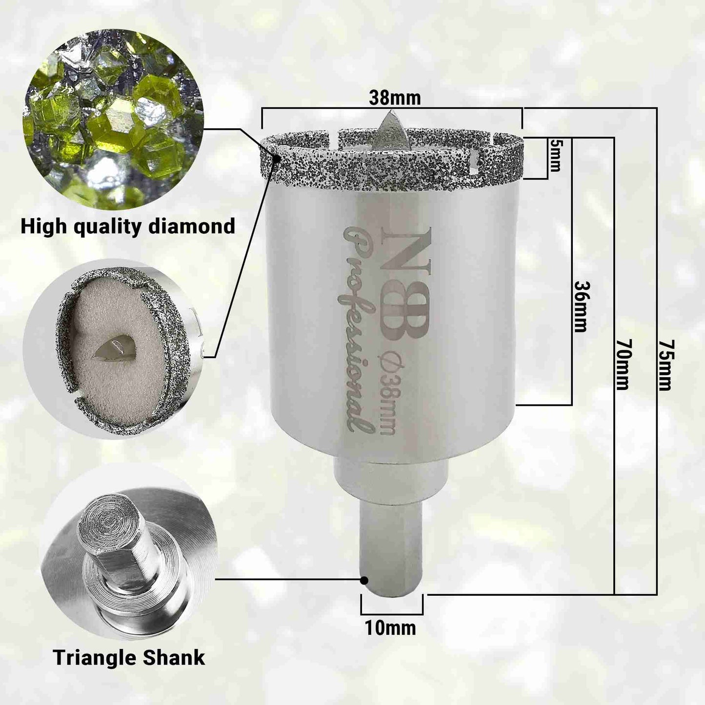NBB Brocas de diamante con vástago triangular, corona diamante, taladrar en húmedo en mármol, piedra lujo, cerámica, granito, azulejo, vidrio, tec. galvanizada, en taladros de cable o sin cable