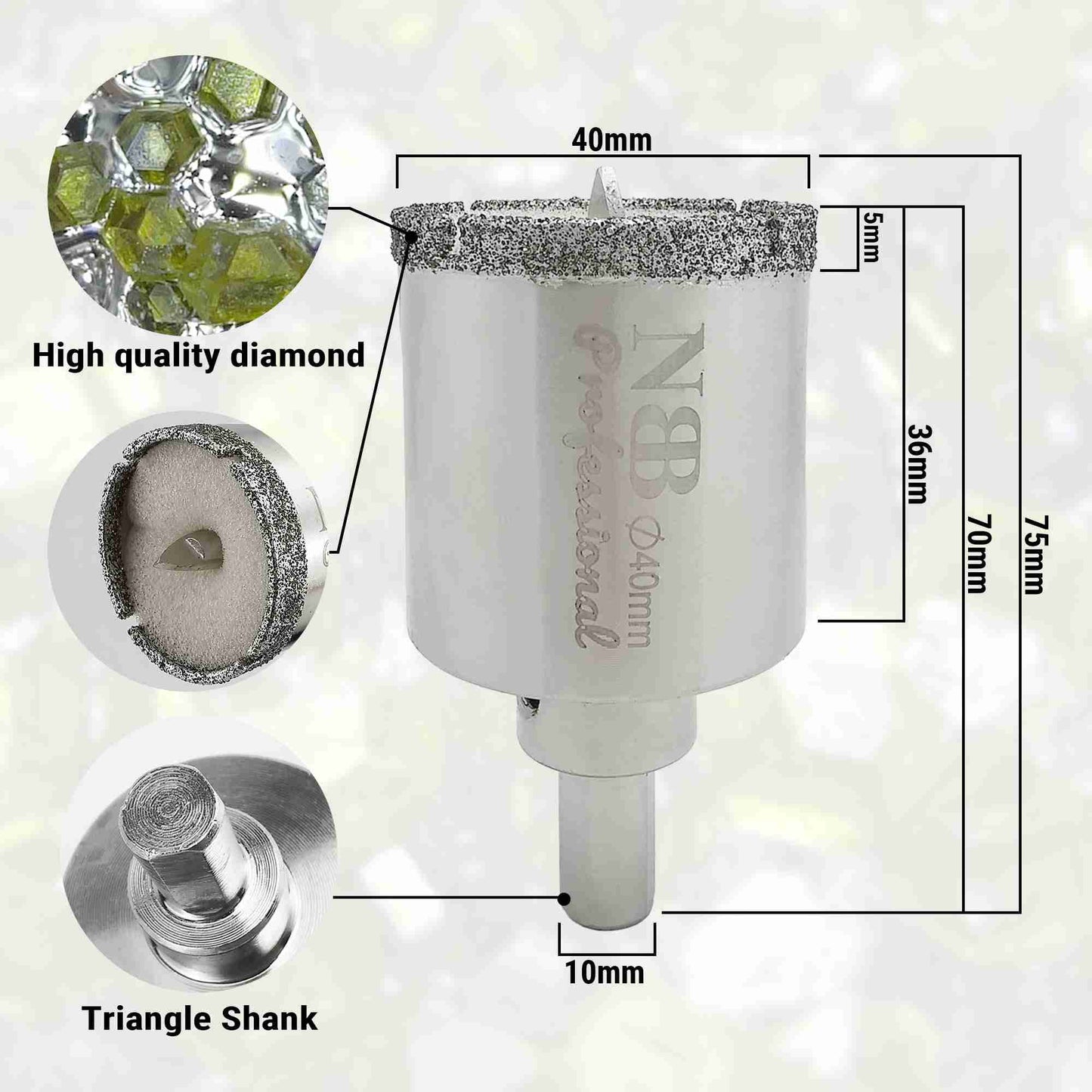 NBB Brocas de diamante con vástago triangular, corona diamante, taladrar en húmedo en mármol, piedra lujo, cerámica, granito, azulejo, vidrio, tec. galvanizada, en taladros de cable o sin cable