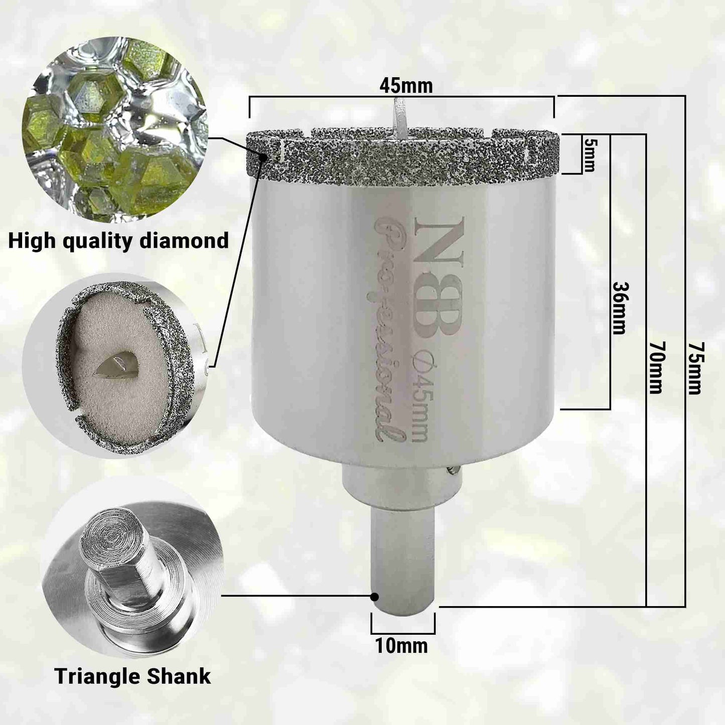 NBB Brocas de diamante con vástago triangular, corona diamante, taladrar en húmedo en mármol, piedra lujo, cerámica, granito, azulejo, vidrio, tec. galvanizada, en taladros de cable o sin cable