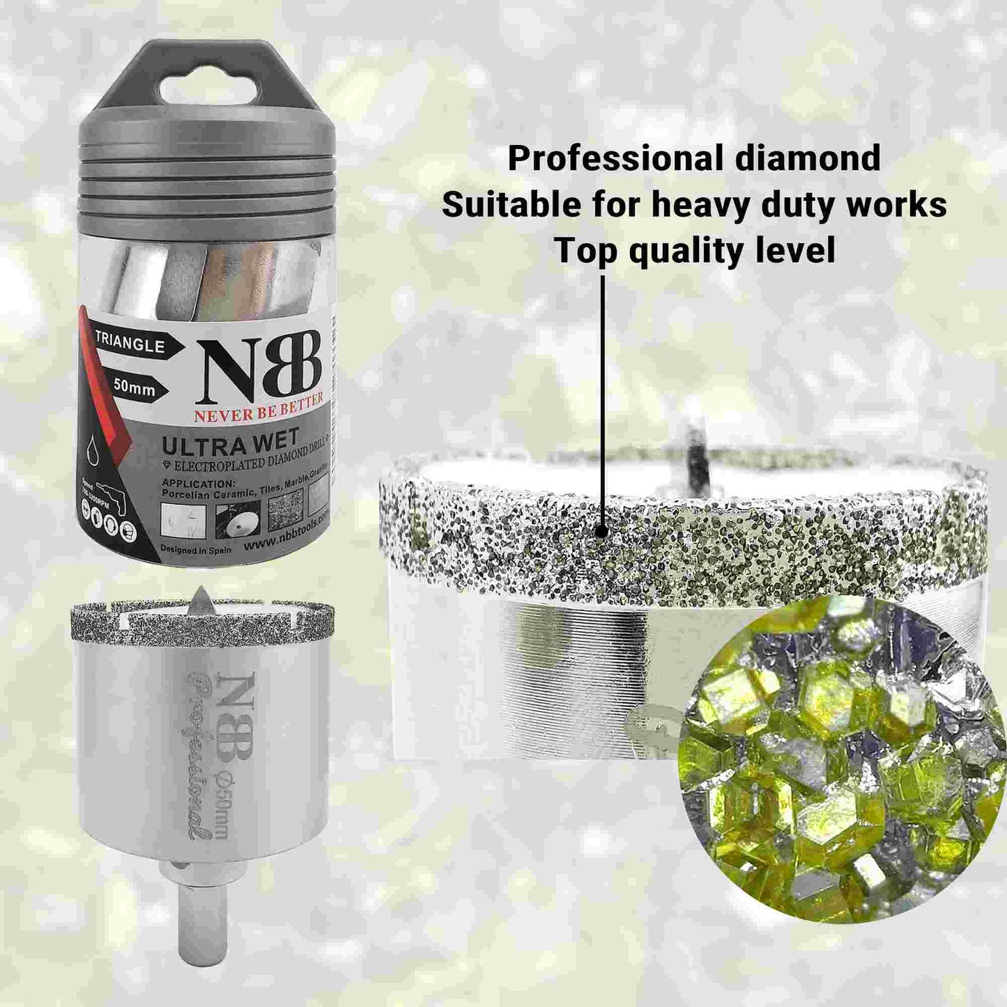 NBB Brocas de diamante con vástago triangular, corona diamante, taladrar en húmedo en mármol, piedra lujo, cerámica, granito, azulejo, vidrio, tec. galvanizada, en taladros de cable o sin cable