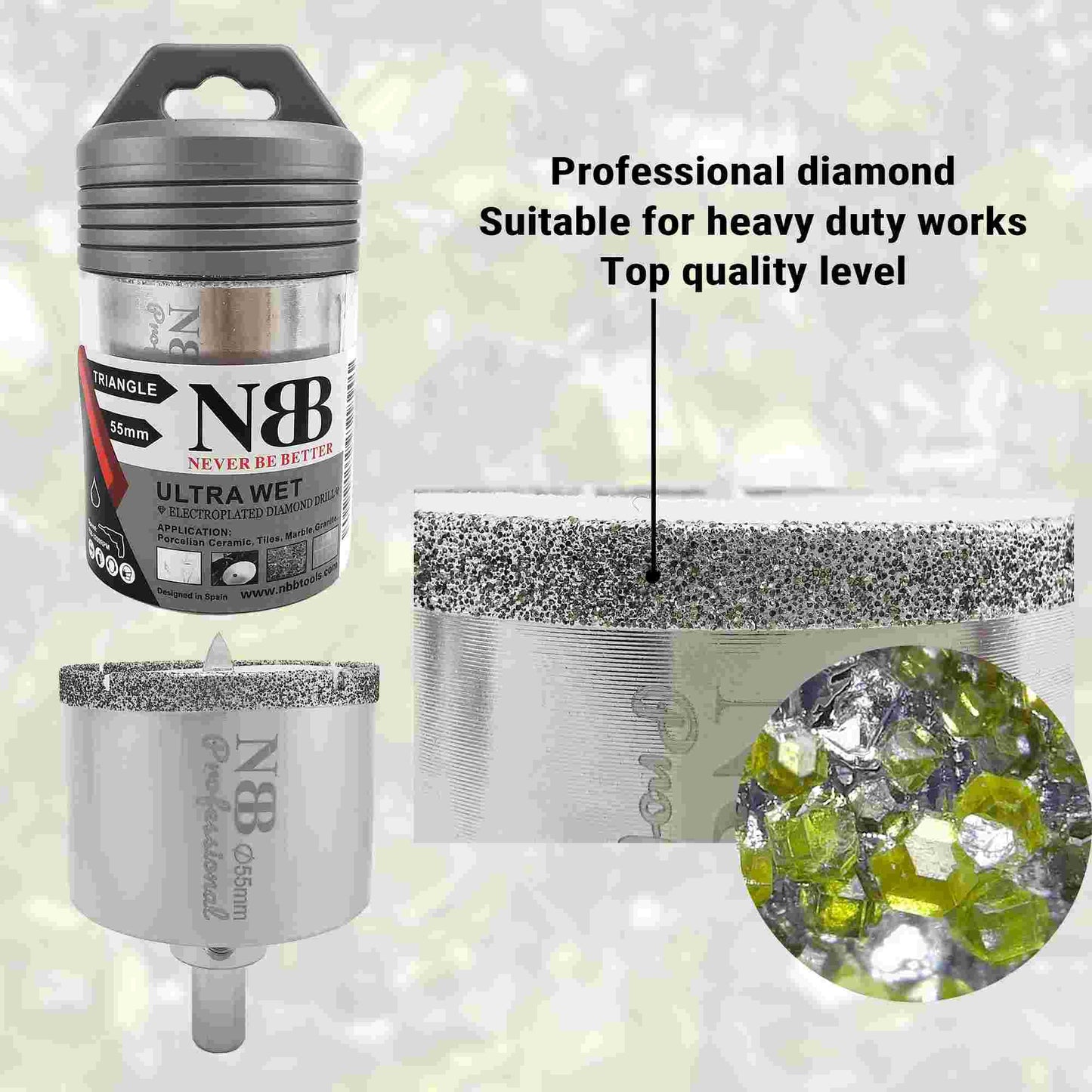 NBB Brocas de diamante con vástago triangular, corona diamante, taladrar en húmedo en mármol, piedra lujo, cerámica, granito, azulejo, vidrio, tec. galvanizada, en taladros de cable o sin cable