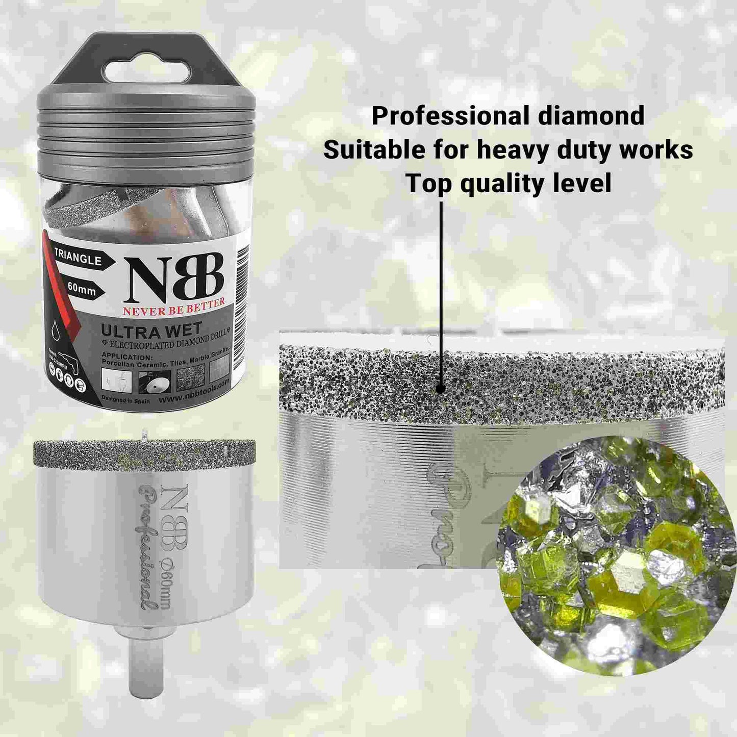 NBB Brocas de diamante con vástago triangular, corona diamante, taladrar en húmedo en mármol, piedra lujo, cerámica, granito, azulejo, vidrio, tec. galvanizada, en taladros de cable o sin cable